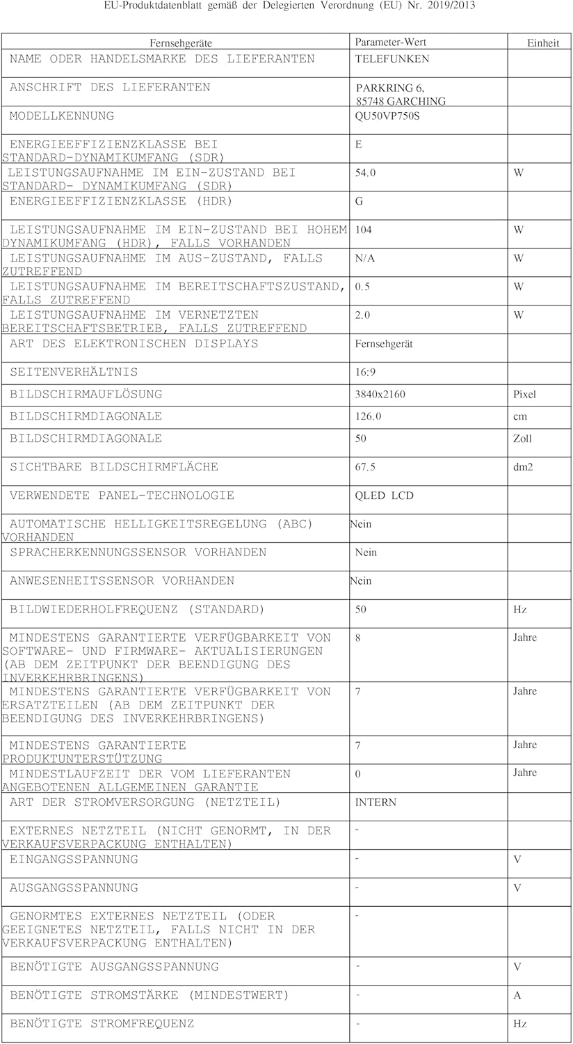 Official EU Product Data Sheet for the Telefunken QU50VP750S TV, listing detailed technical specifications such as energy efficiency class, power consumption, screen resolution, refresh rate, and availability of spare parts.