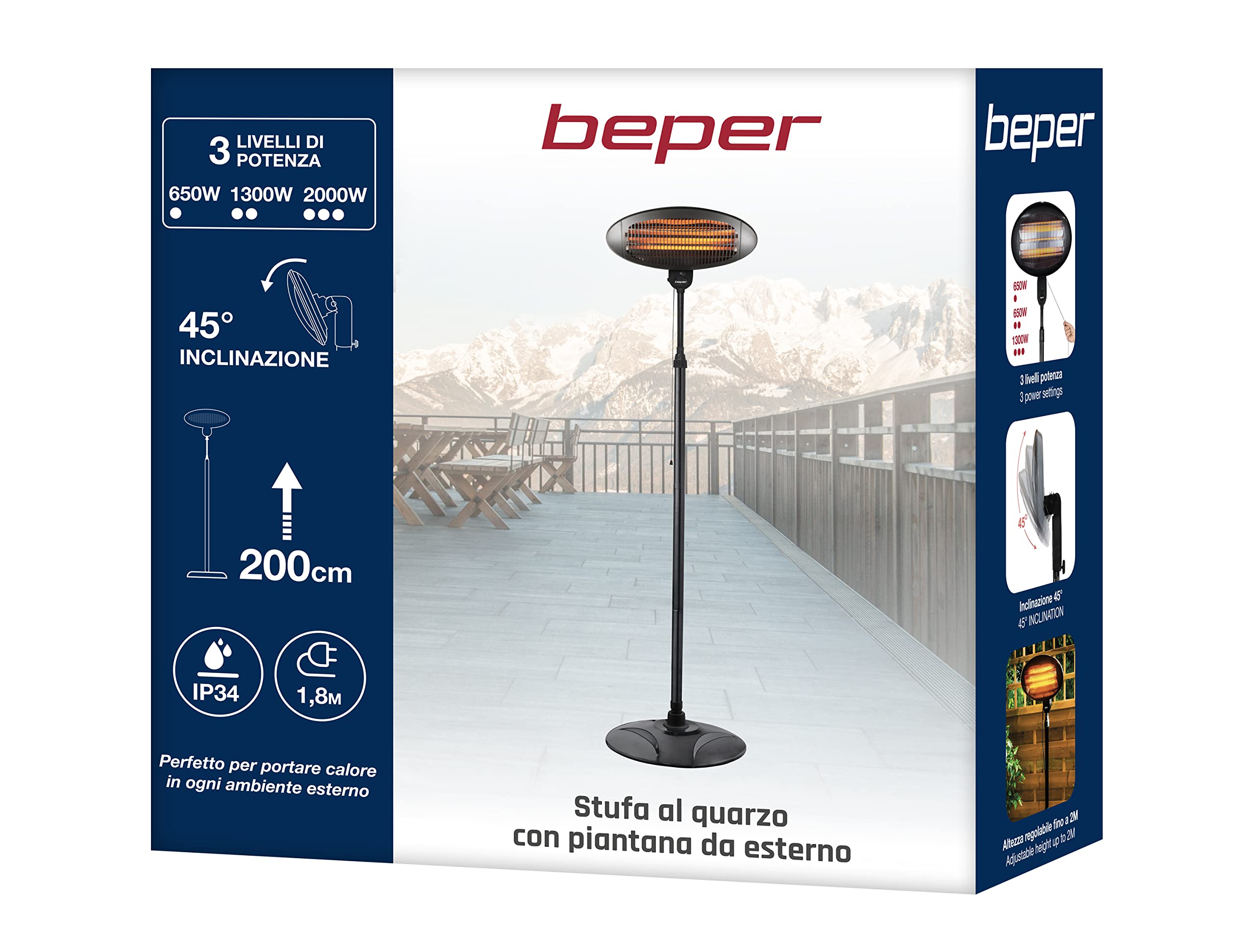 BEPER P203PAN002 Lampada Riscaldante a Basso Consumo 3 Impostazioni Calore Stufa Quarzo Esterno