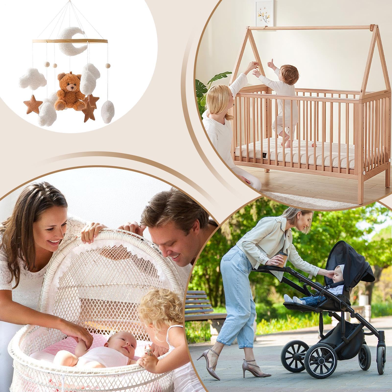 Crib Mobile - 360 gradi Rotating Plush | Hanging Nursery Decor | 17,7 x 9 Inch Wooden & Velvet Design, Peluche Brown Bear with Clouds, Stars & Chimes, Visual Soother for Nursery & Room