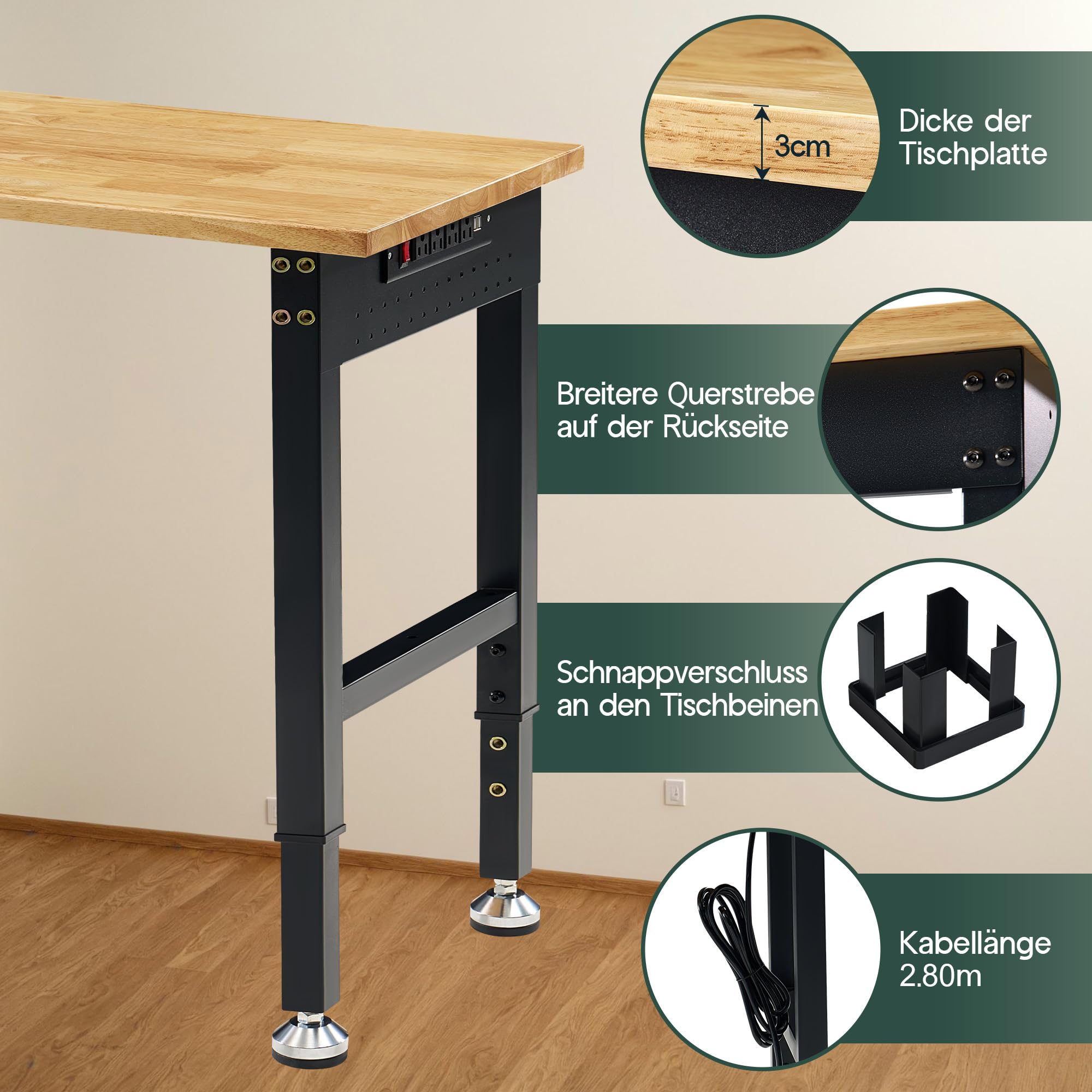 LUXOAK 183x61 cm höhenverstellbarer Werkbank mit Steckdosen, 2722 kg belastbare Holzwerkbank mit Haken, massiver Gummiholz-Arbeitsplatte für Garage, Werkstatt, Holzbearbeitung und Home-Office