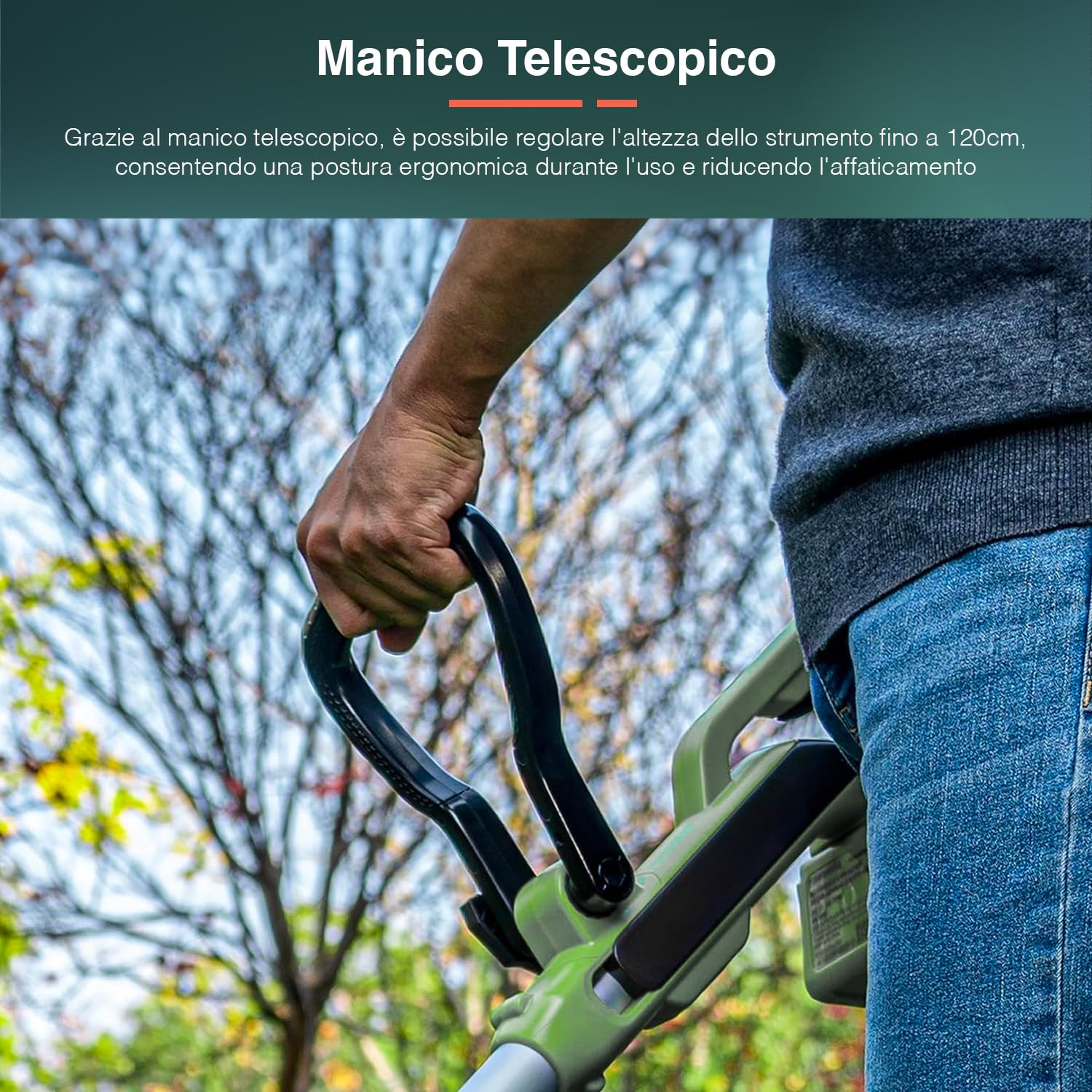 Podkaszarka do trawy z uchwytem wysuwanym do 120 cm, teleskopowa, 20 V z obrotową głowicą 90° - akumulatorowa podkaszarka, z cewką TAP&GO i hamulcem elektronicznym, 23 x 115 x 30 cm, bateria nie