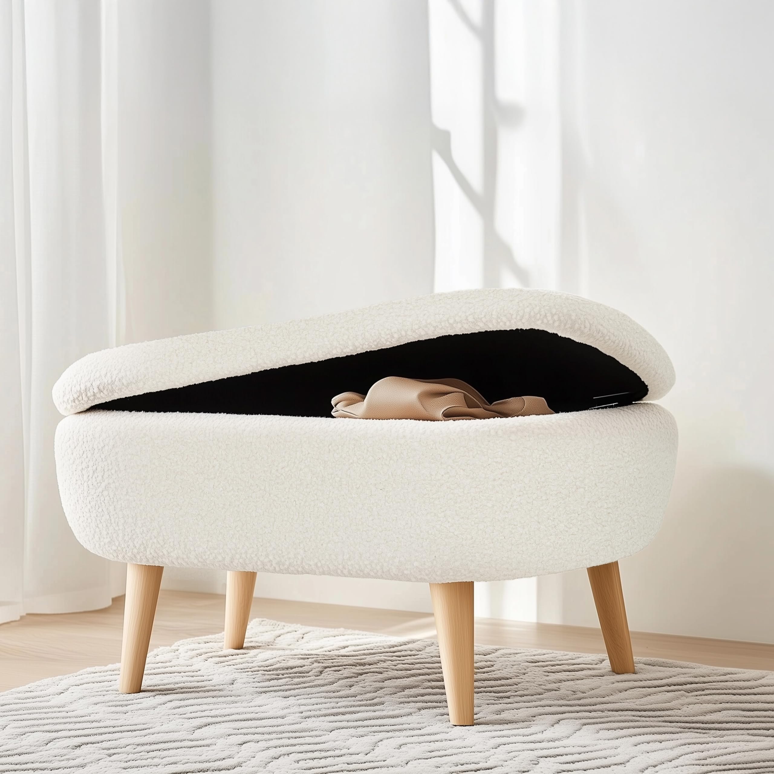 Banco con Espacio de Almacenamiento, Tejido bouclé STORIANO Banco escandinavo tapizado con Tapa para salón Dormitorio Pasillo, Blanco