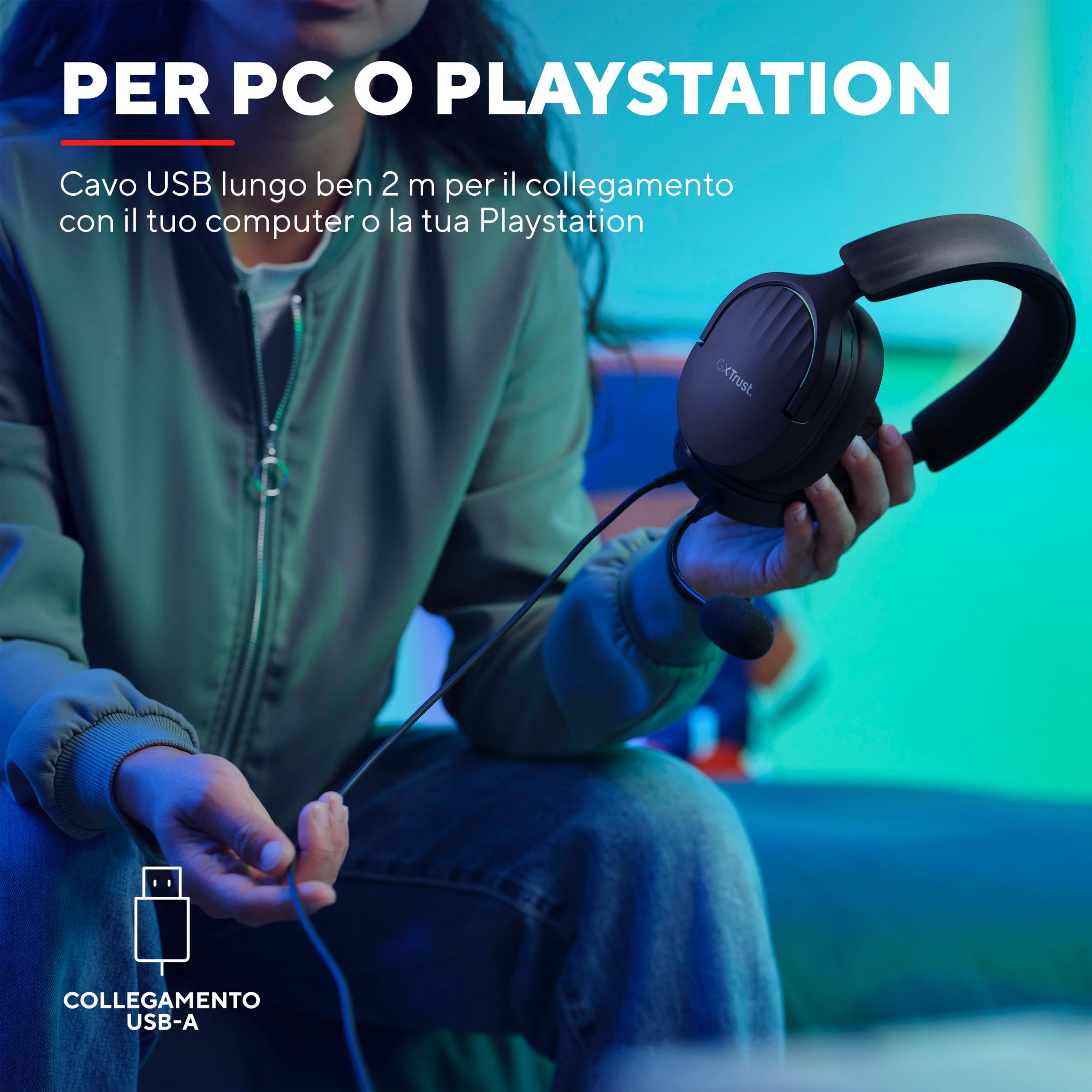 Trust Gaming GXT 490 Fayzo Cuffie Gaming USB con Audio Surround 7.1, Driver 50 mm, 85% Plastica Riciclata, Illuminazione RGB, Over-Ear Cuffie con Microfono Noise Cancelling per PC PS5 - Nero