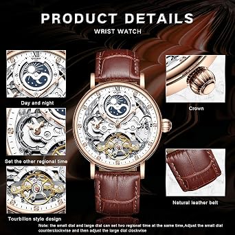 IK COLOURING BESTN Men's Luxury Skeleton Automatic Mechanical Leather Moon Sayings Luminous Hands Self Winding Brown Brown Mechanical Watch