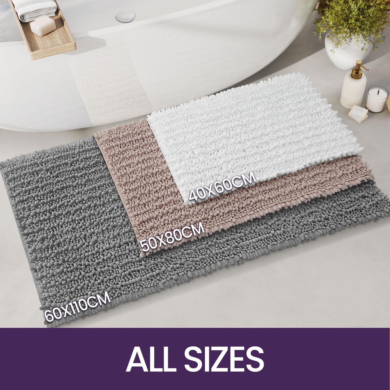 Tapis De Bain En Microfibre Antidérapant 60x110 Cm - Doux, Absorbant, Lavable Machine (Beige)