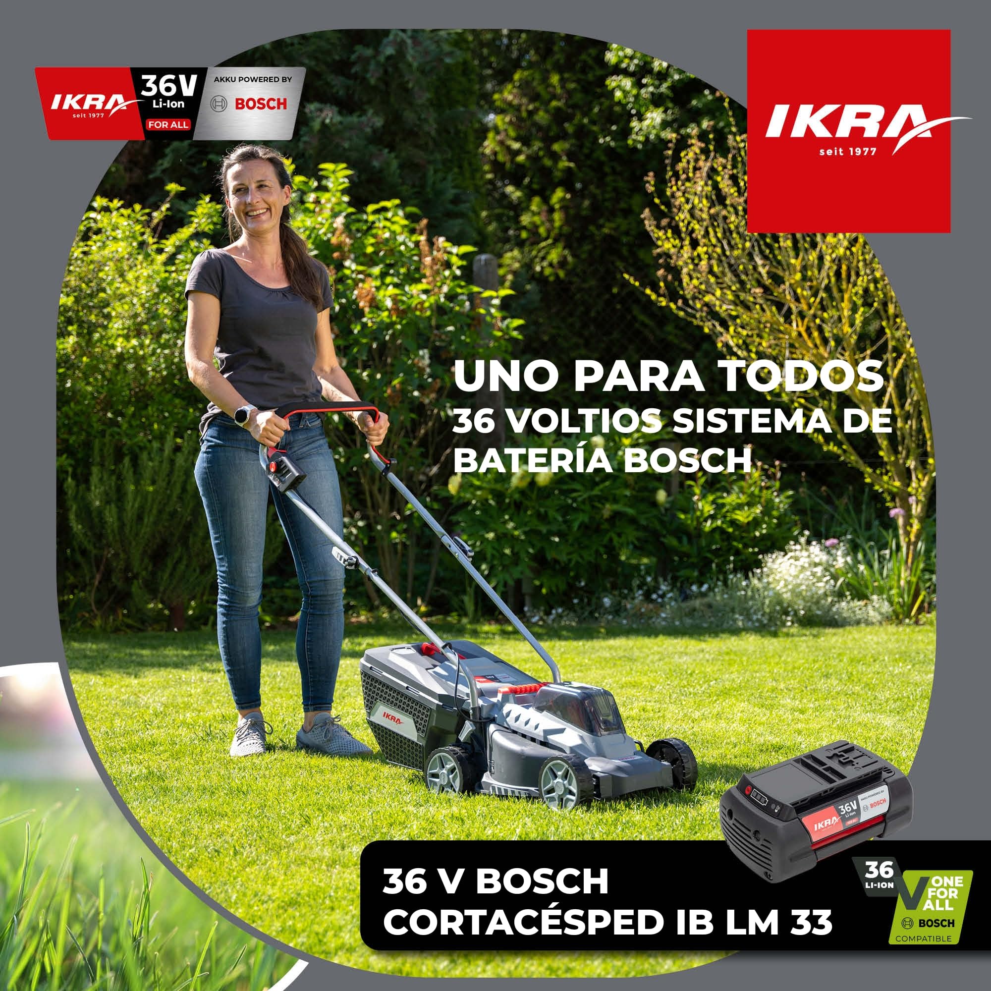 IKRA cortacésped IB-LM 33, 33 cm, sin batería de 36 V ni Cargador | Compatible con Bosch, recomendado para 250 m², altura de corte 30-70 mm, cesta de recogida 30l, ligero, compacto y ergonómico