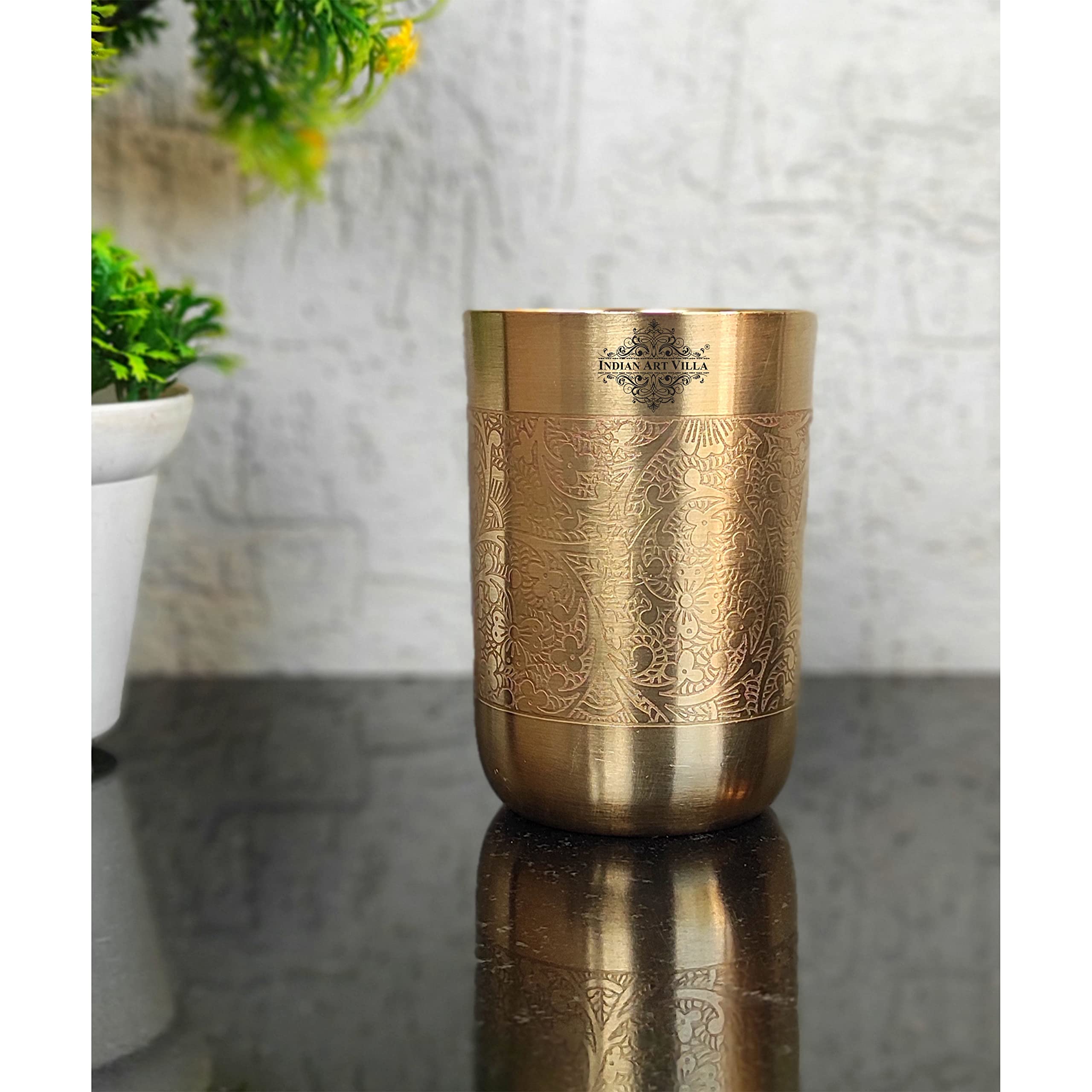 Indian Art Villa Pure Brass Glass Tumbler With Matt Finish Embossed Design, Serveware & Drinkware, Volume- 10 Oz