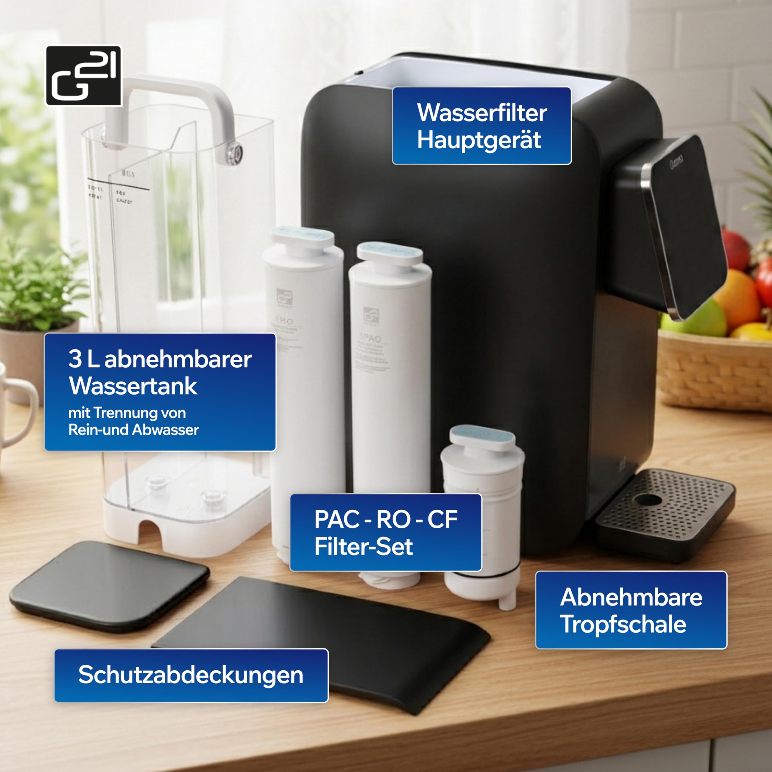 G21 Osmo Umkehrosmoseanlage Trinkwasser 3L 1:1 Rein- zu Abwasserverhältnis Heißwasserfunktion 6 Temperaturstufen 25-95°C Wasserqualitätsanzeige Kindersicherung Schwarz