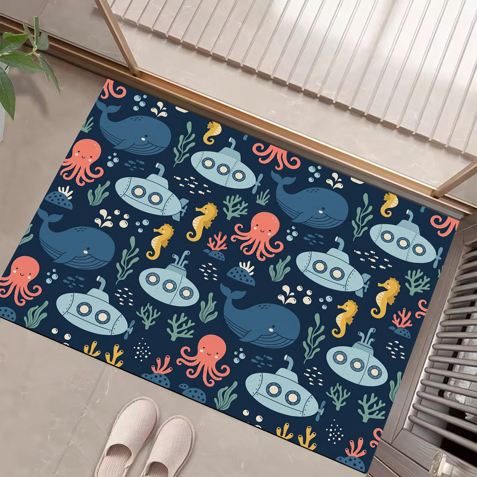 Felpudo de Entrada 60x120cm, Alfombra Vida Marina Atrapapolvo Alfombra Ballena Antideslizante Lavable, Alfombrilla con Microfibras Suaves Absorbentes para Puerta, Pasillo, Azul Marino
