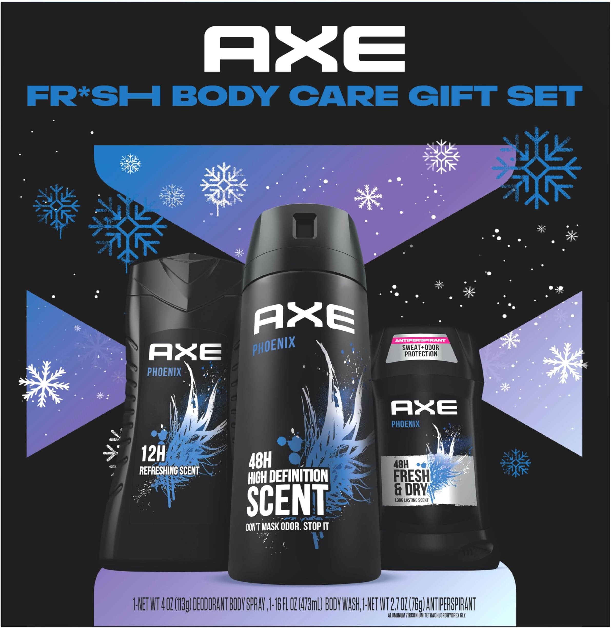 Gift Set for Men, Phoenix Fresh Body Care Set – AXE Body Wash, AXE Body Spray + AXE Antiperspirant, 48H Odor & Sweat Protection, Crushed Mint & Rosemary Scent (3 Piece Set)