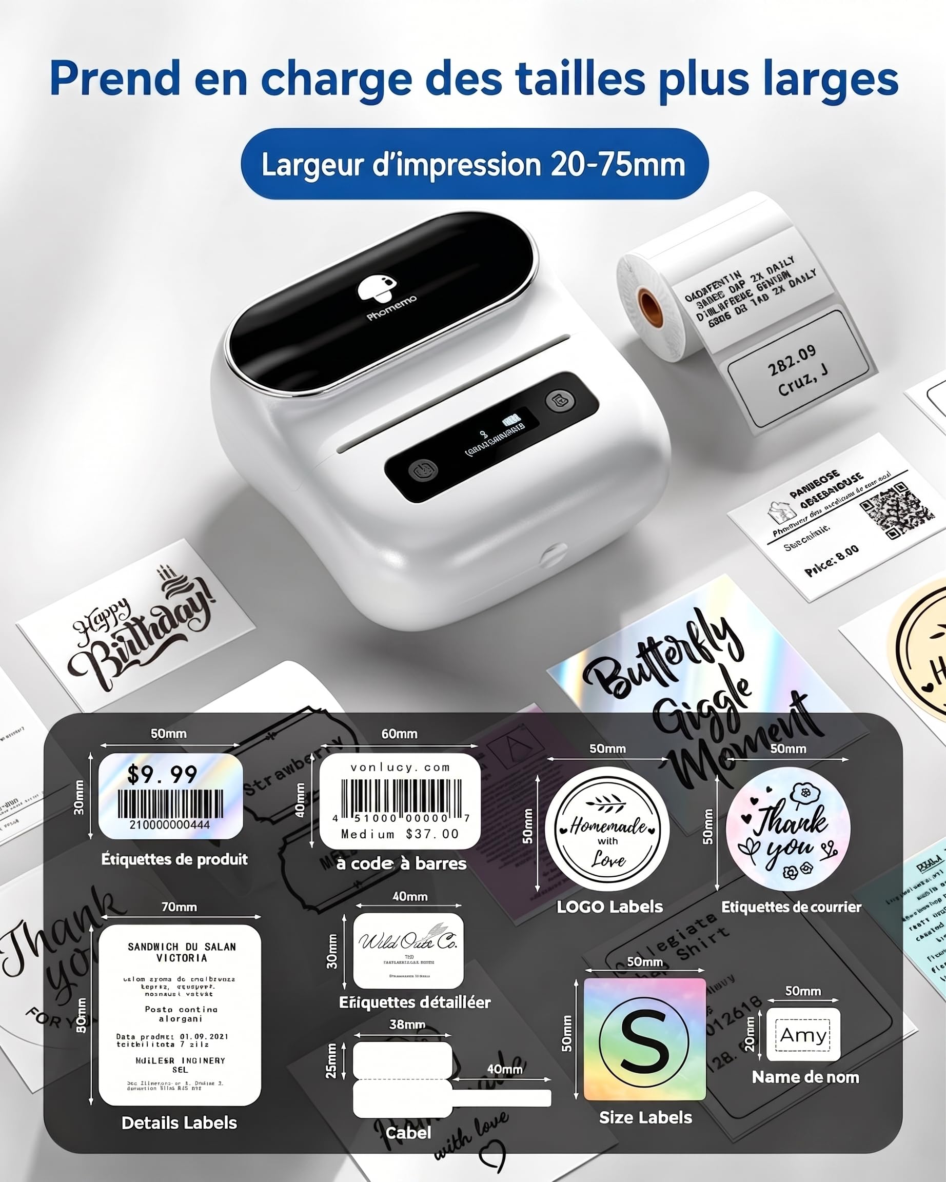 Phomemo M220 Imprimante d'étiquettes Bluetooth Étiqueteuse Imprimante Etiquette - Portable Thermique Convient pour Bureau,Transport,Câble,Boutique,Code à Barres,Compatible avec Phones & PC