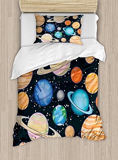 Ambesonne Galaxy Duvet Cover Set, Galaxy Space Art Solar System Planets Mars Mercury Uranus Jupiter Venus Kids Print, Decorative 2 Piece Bedding Set with 1 Pillow Sham, Twin Size, Salmon Blue