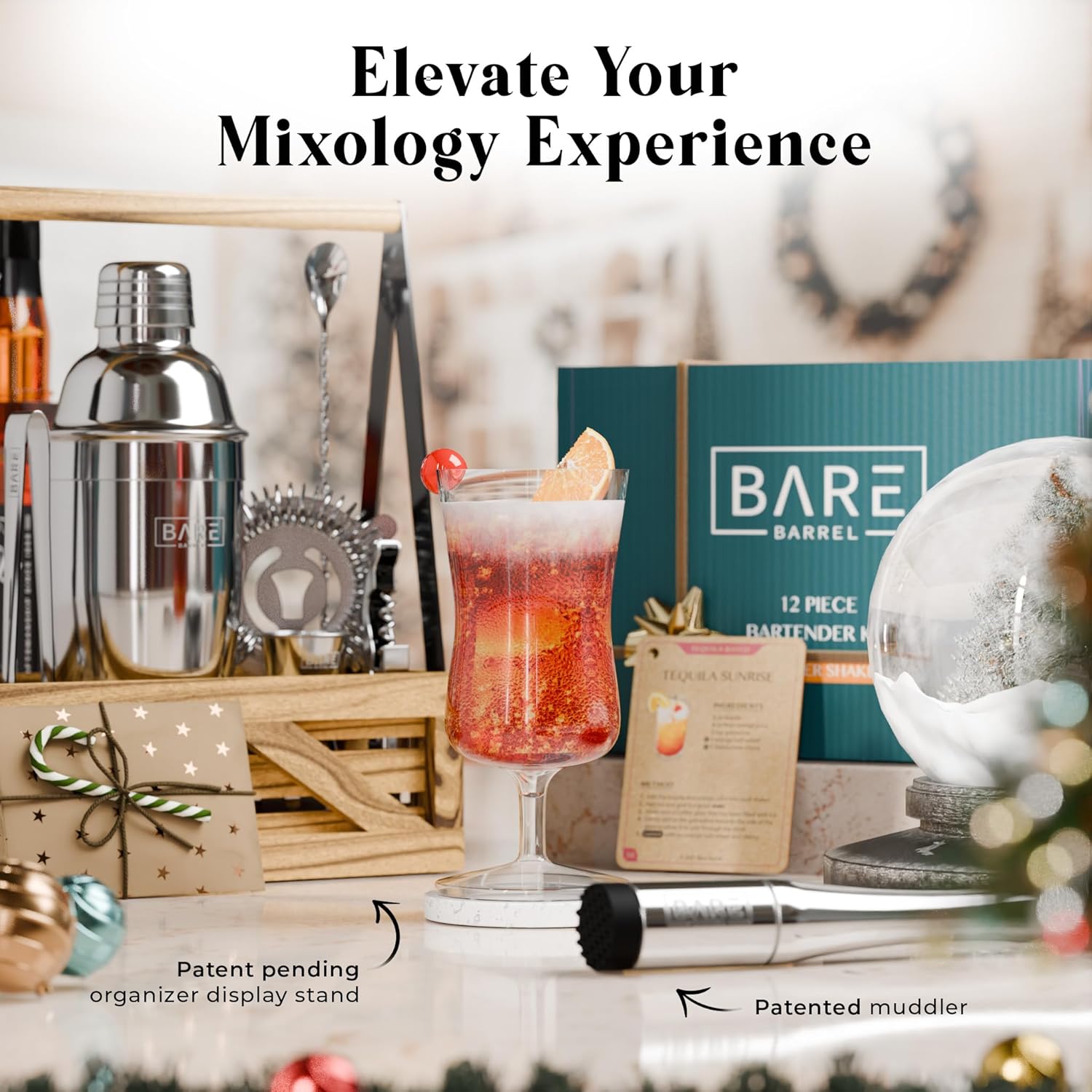 BARE BARREL® Mixology Bartender Kit Bar Set | Martini Cocktail Shaker Set | Barware Mixing Tools for Home Bartending | Farmhouse Rustic Portable Caddy & 35 Recipe Cards | Gift Set (Polished Gray)