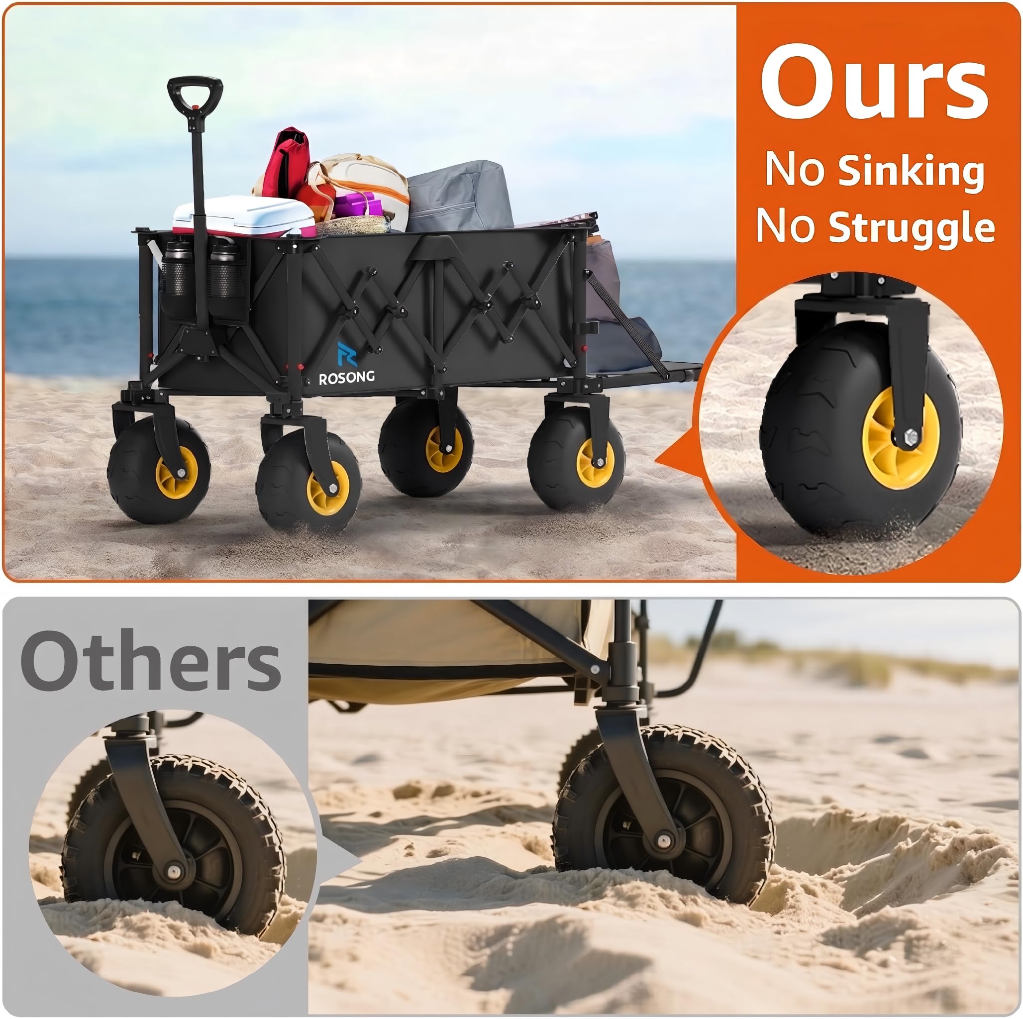 ROSONG Chariot de Plage Pliable avec Grosses Roues Chariot de Transport Tout-Terrain avec Hayon pour Objets Longs Remorque Jardin et Plage Camping Jardin, Noir