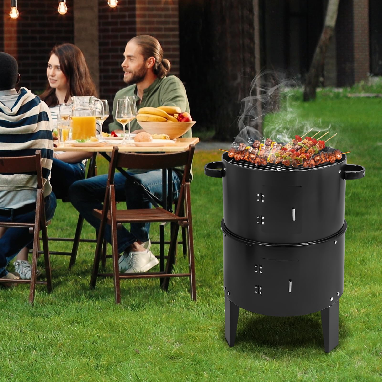 Grill wędzarniczy 3 w 1, z żelaza, piec wędzarniczy 40 cm z pokrywką i termometrem, grill na węgiel drzewny do wędzenia, duszenia i grillowania, w zestawie 2 ruszty do grillowania i 2 emaliowane