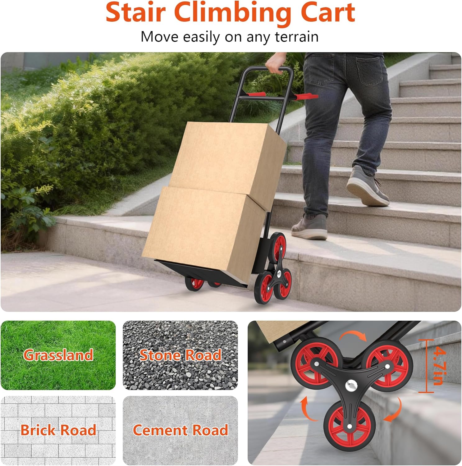 Stair Climbing Cart, 440 lbs Capacity Stair Climber Dolly, Hand Truck with Stair-Climbing Wheels & One-Touch Retractable Handle, Thickened Upgraded Steel Tube Folding Stair Climbing