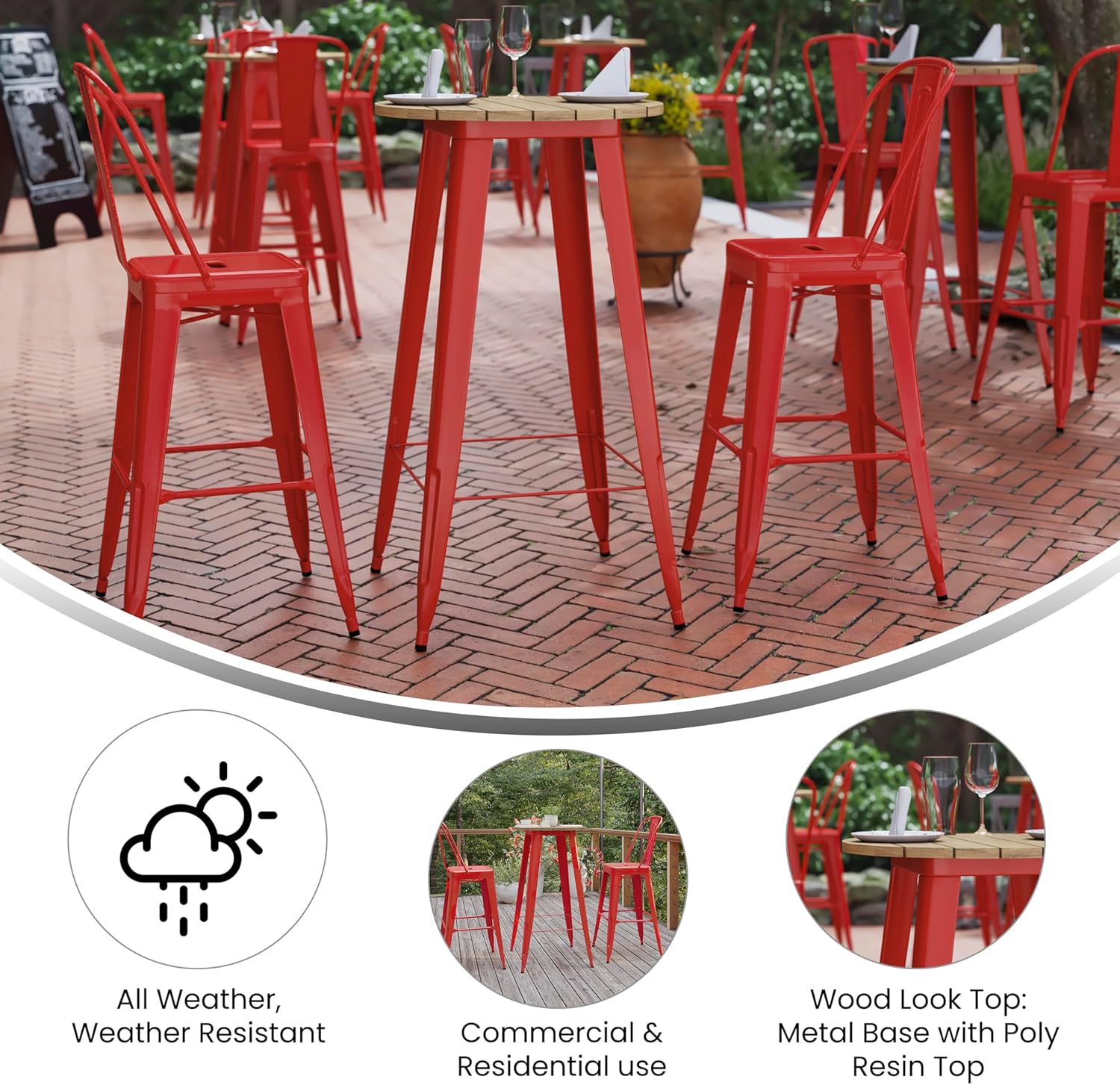 EMMA + OLIVER Drew Dining Table Bar Height - Black 23.75" Round Poly Resin Table Top - Red Steel Base - All-Weather for Indoor/Outdoor Use