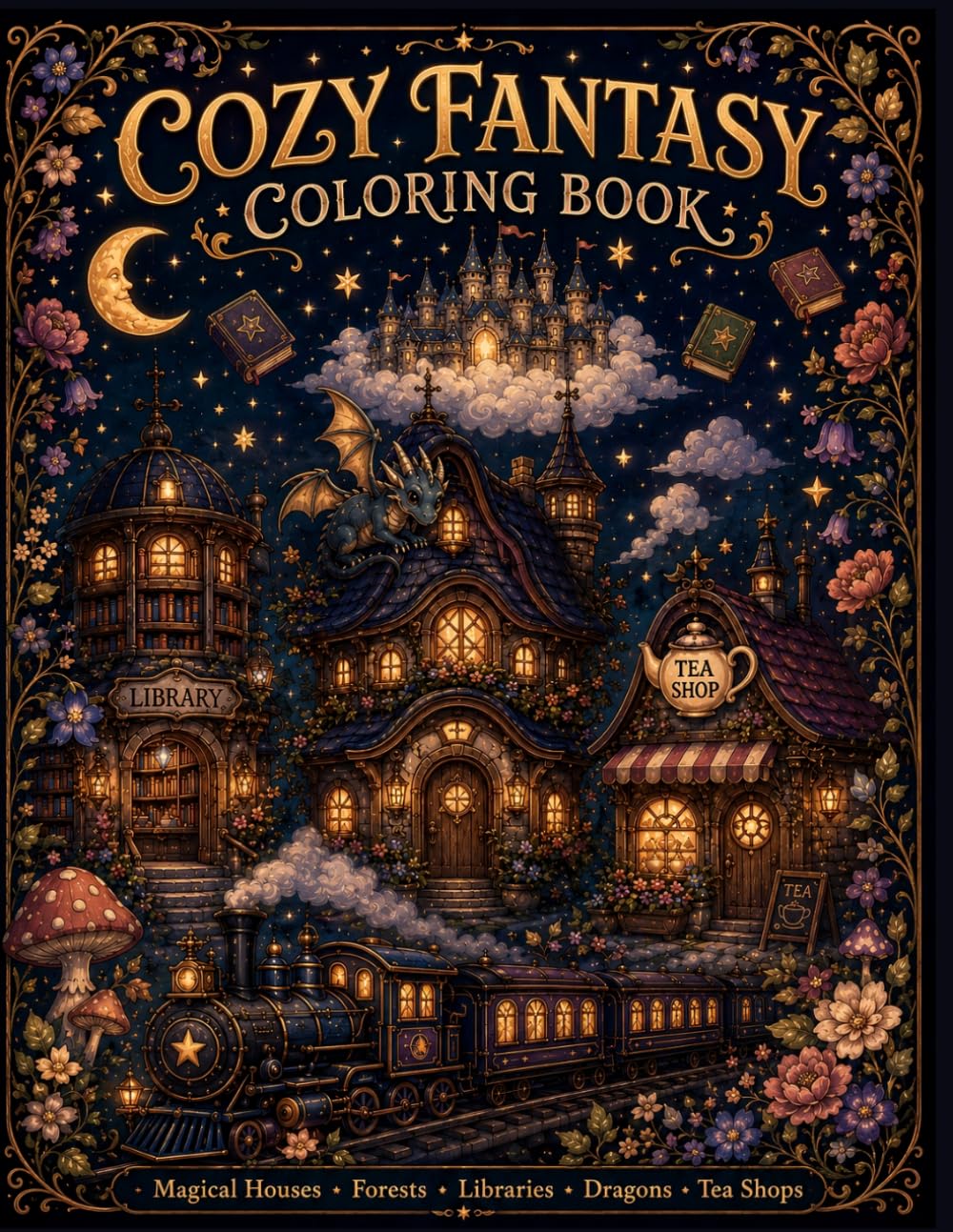 COZY FANTASY COLORING BOOK: Magical Houses • Forests • Libraries • Dragons • Tea Shops