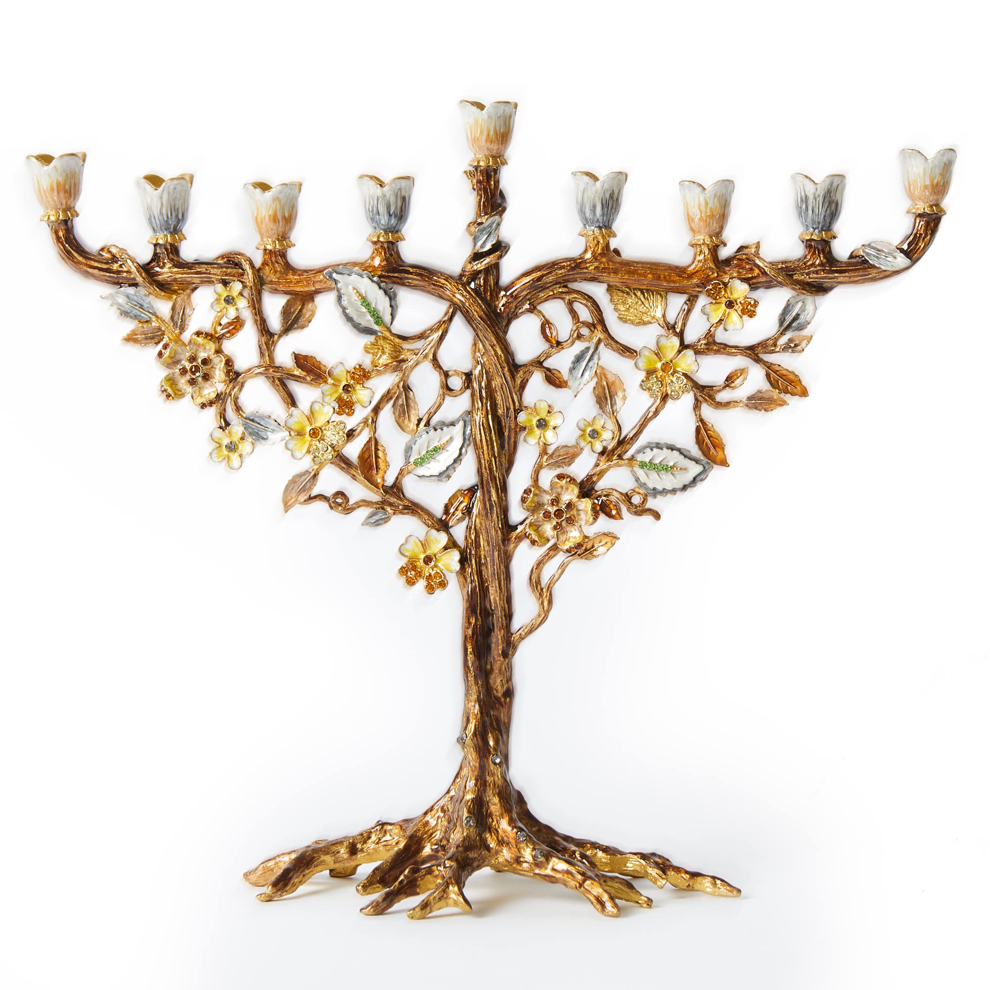 Home Jewel Decor Hand Painted Jewish Menorah Candle Holder with Flower Vine Design Made from Metal Embellished with Crystals for Hanukkah or Home Gift. FIT 9 mm(5/16") Candles, Size-9"X7.5"