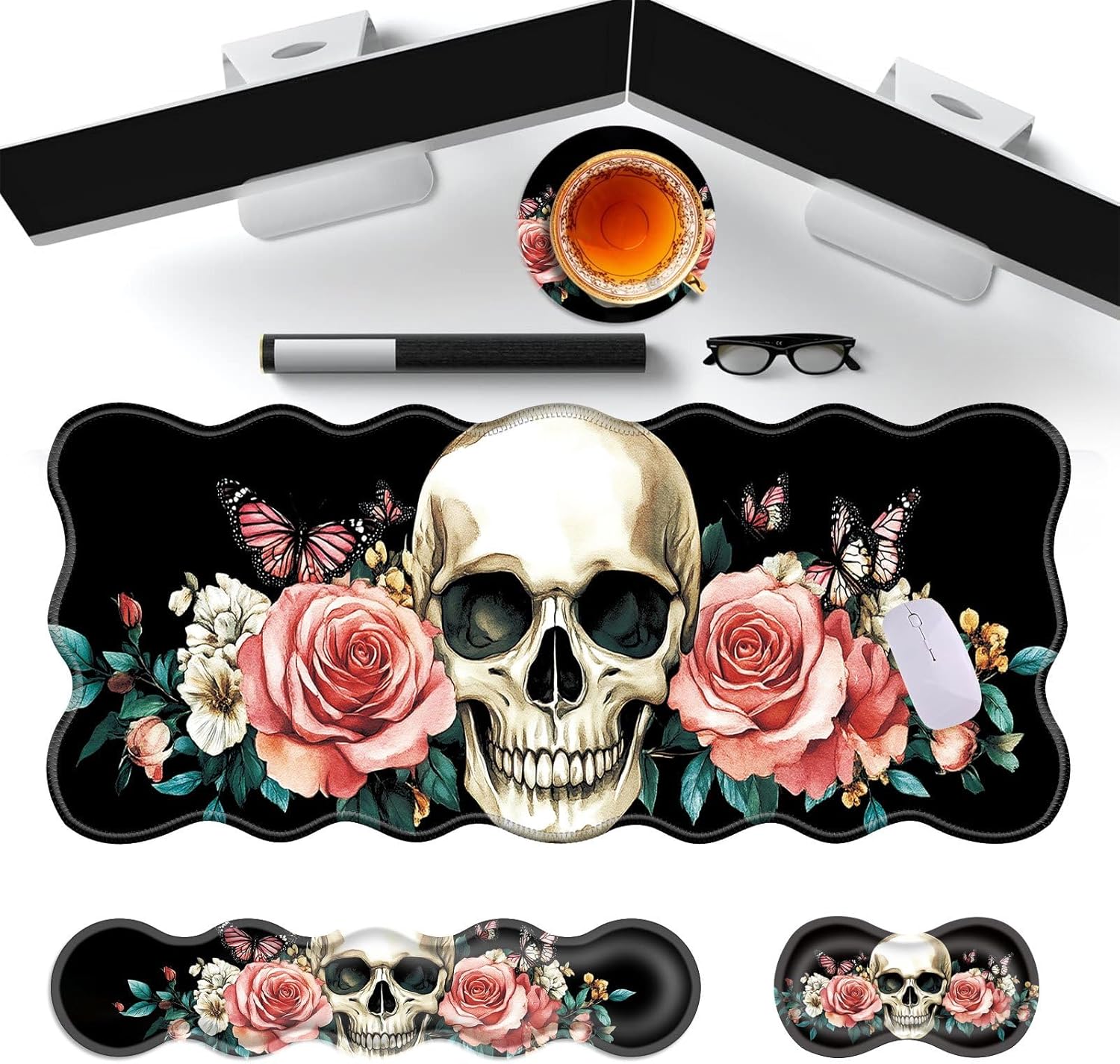 Large Gaming Mouse Pad, Keyboard Wrist Rest Pad & Wrist Support Mousepad Set, Stitched Edge, Extended, Non-Slip Base, Memory Foam Desk Mat for Office, Home,Floral Skull