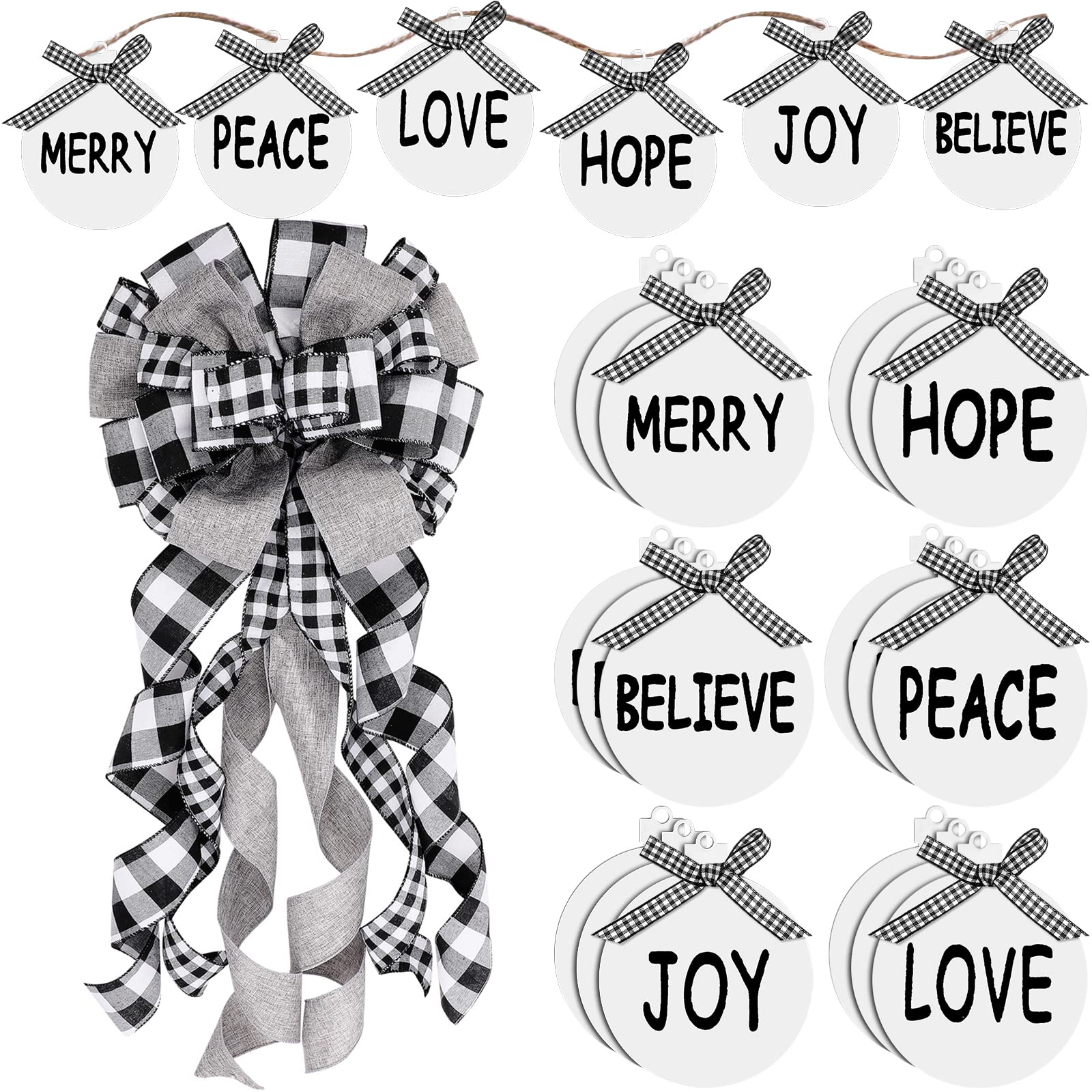 Christmas Bow Tree Topper Plaid Large Christmas Tree Topper Buffalo Plaid Decorative Bow with 24 Buffalo Plaid Christmas Wish Tree Ornament for Christmas Tree Decoration(Black White Plaid, White)