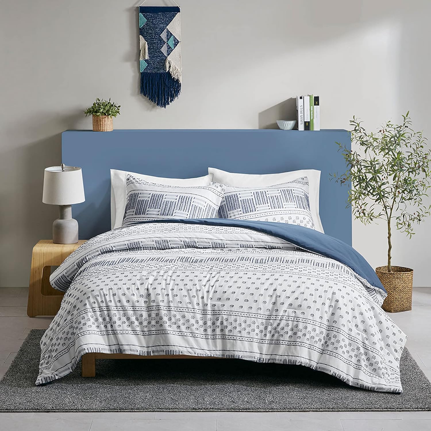 Hyde Lane Modern Navy Bedding, Blue King/Cal King Farmhouse Comforter Set, Cotton Top with Boho Style Clipped Jacquard Stripes 3-Pieces/W Matching Pillow Shams (104x90 inches, Navy) - Image 2