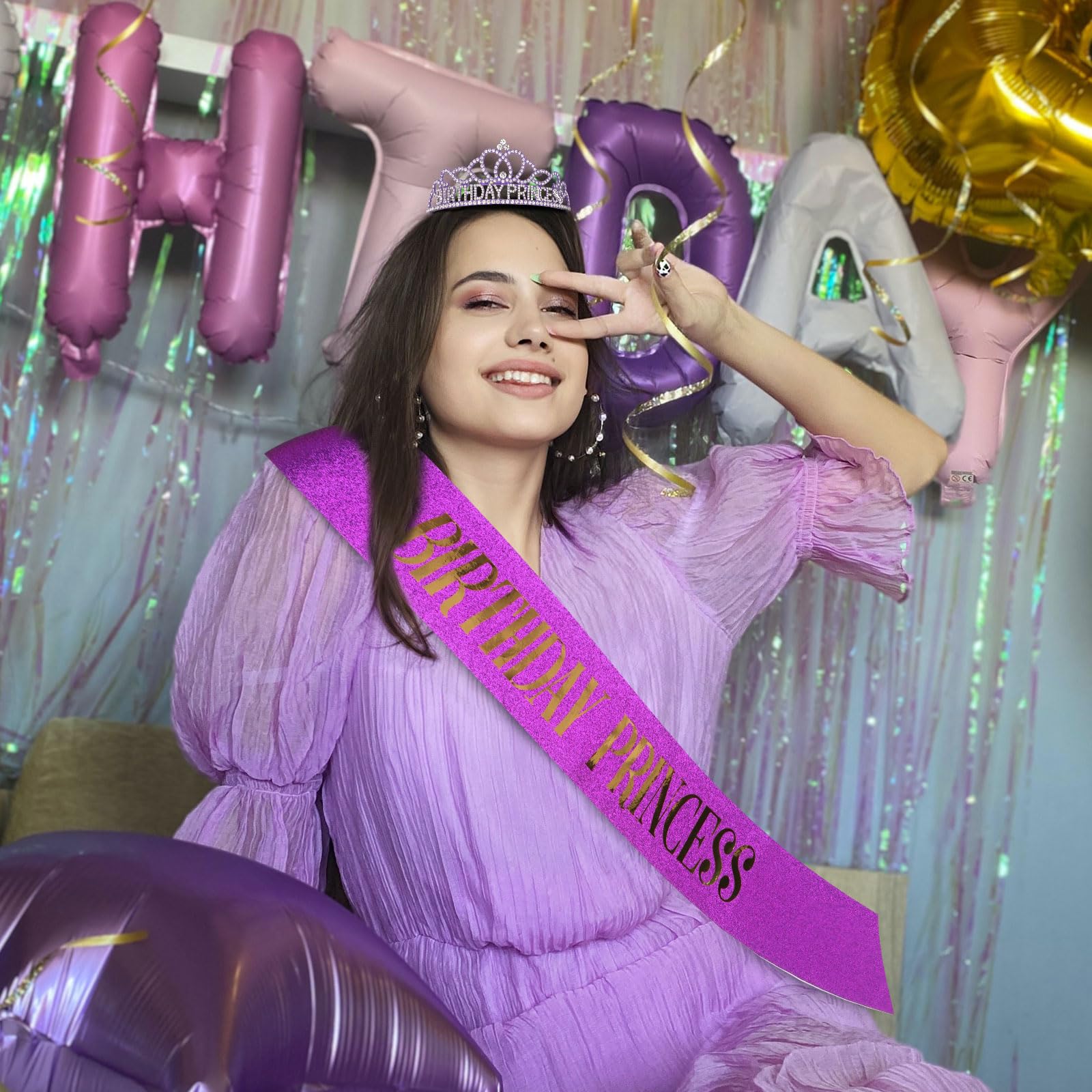 CIEHER Purple Birthday Crown and Princess Sash Set, Birthday Girl Decorations for Women and Girls