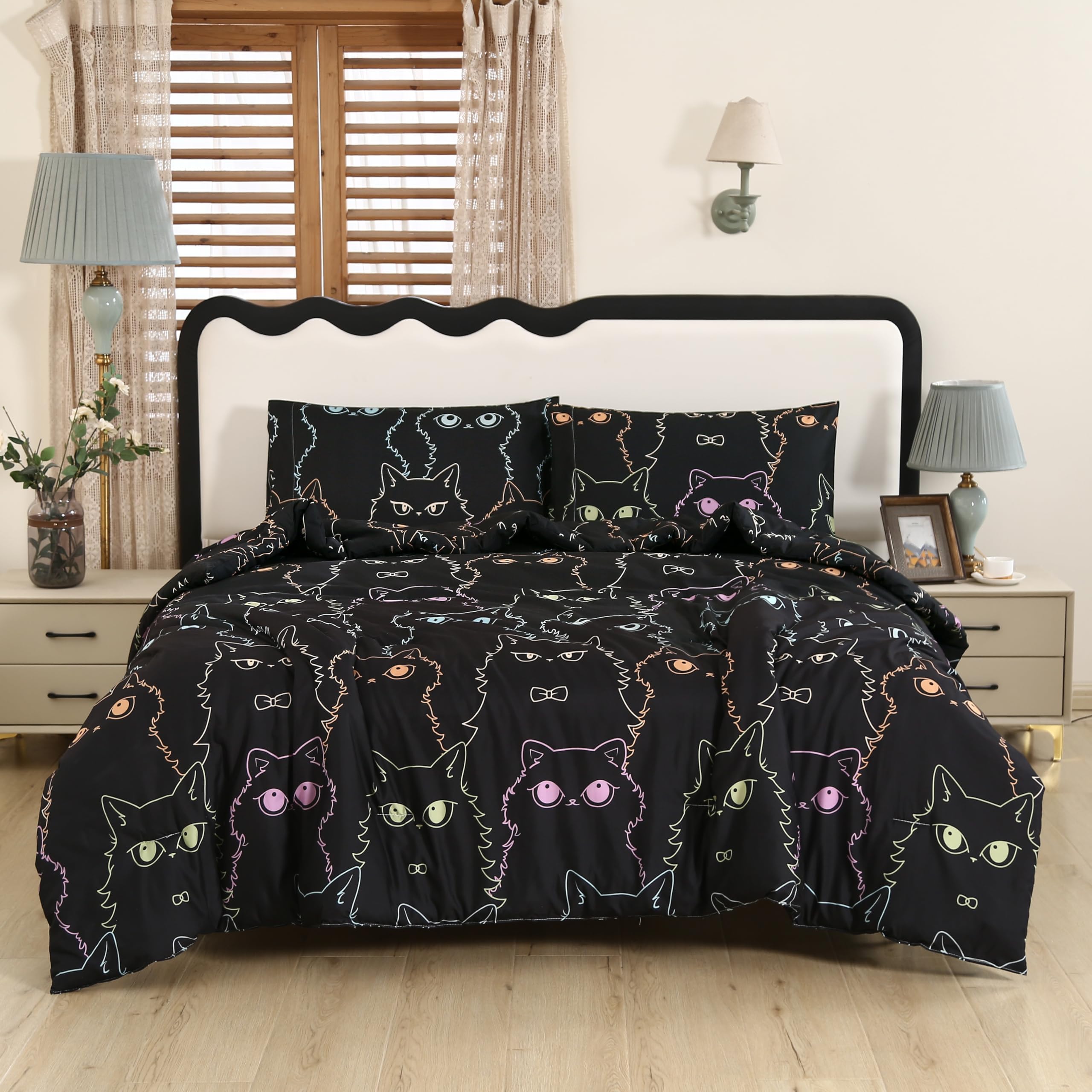 SDIII 3PCS Black Cat Comforter Set Twin, Soft Microfiber Lightweight Fall Cute Cat Comforter Twin, Kitty Bedding Set for Girls Boys Kids Teens