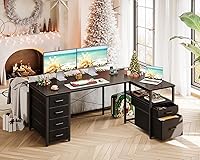 Vista 4 de Coleshome - Escritorio en forma de L para computadora con 6 cajones y toma de corriente, escritorio esquinero de 55 pulgadas con estante