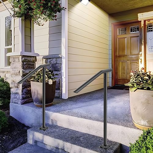 Miniatura 6 de SPACEEUP Pasamanos de escalera para exteriores, pasamanos de 1 a 3 escalones, barandilla de acero negro tipo redondo para escaleras, barandillas