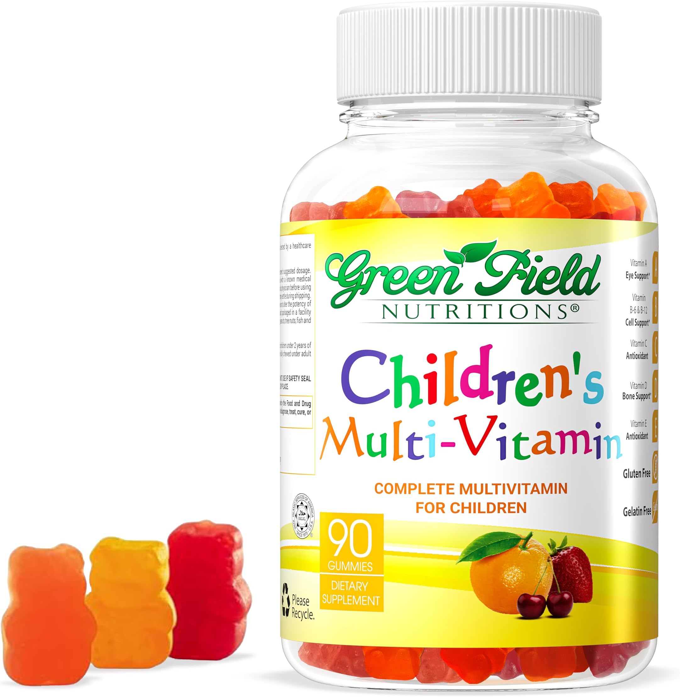 Greenfield Nutritions Halal Vitamins for Kids | Halal Kids Vitamins | Halal Multivitamins for Kids - All Essential Halal Gummy Vitamins A, Bs, C, D, Iodine, Zinc for Immunity, Non-GMO (90 Count)