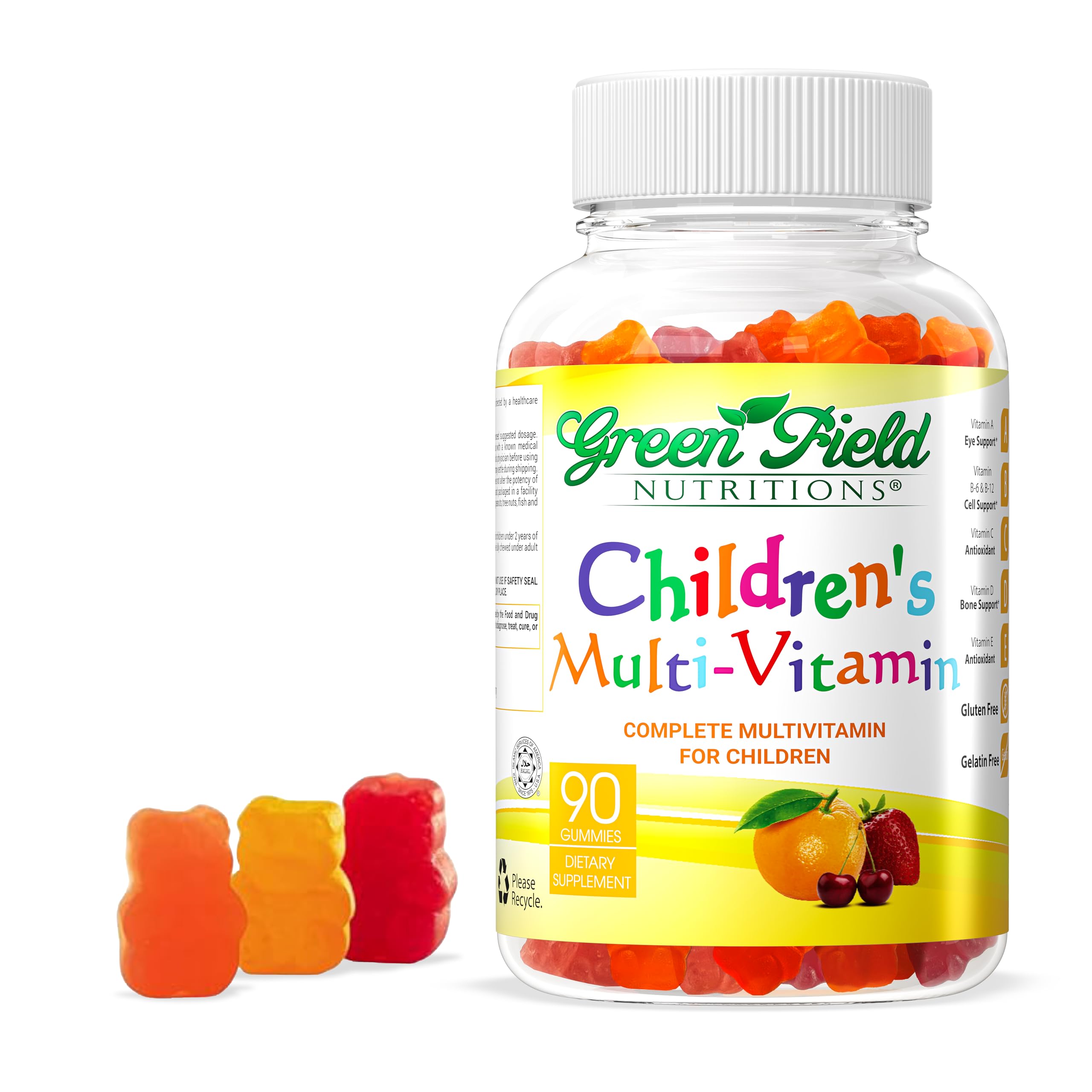 Greenfield Nutritions Halal Multivitamin for Kids – Gelatin-Free Halal Kids Multivitamin Gummies with Vitamins A, B, C, D, Iodine & Zinc for Immunity – Essential Vitamins for Children (90 Count)