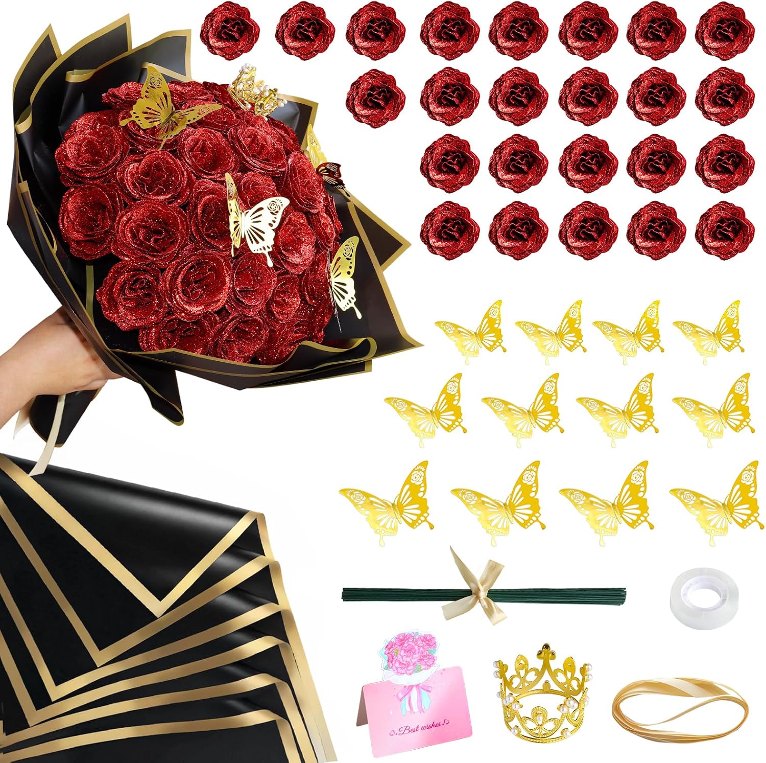 CCYXSHOW DIY Glitter Roses Bouquet Red - Artificial Rose Bouquet Kit Shiny Fake Eternal Floral Bouquets for Graduation Wedding Anniversary Birthday, Mother's Day Gifts for Her - 24 Pack