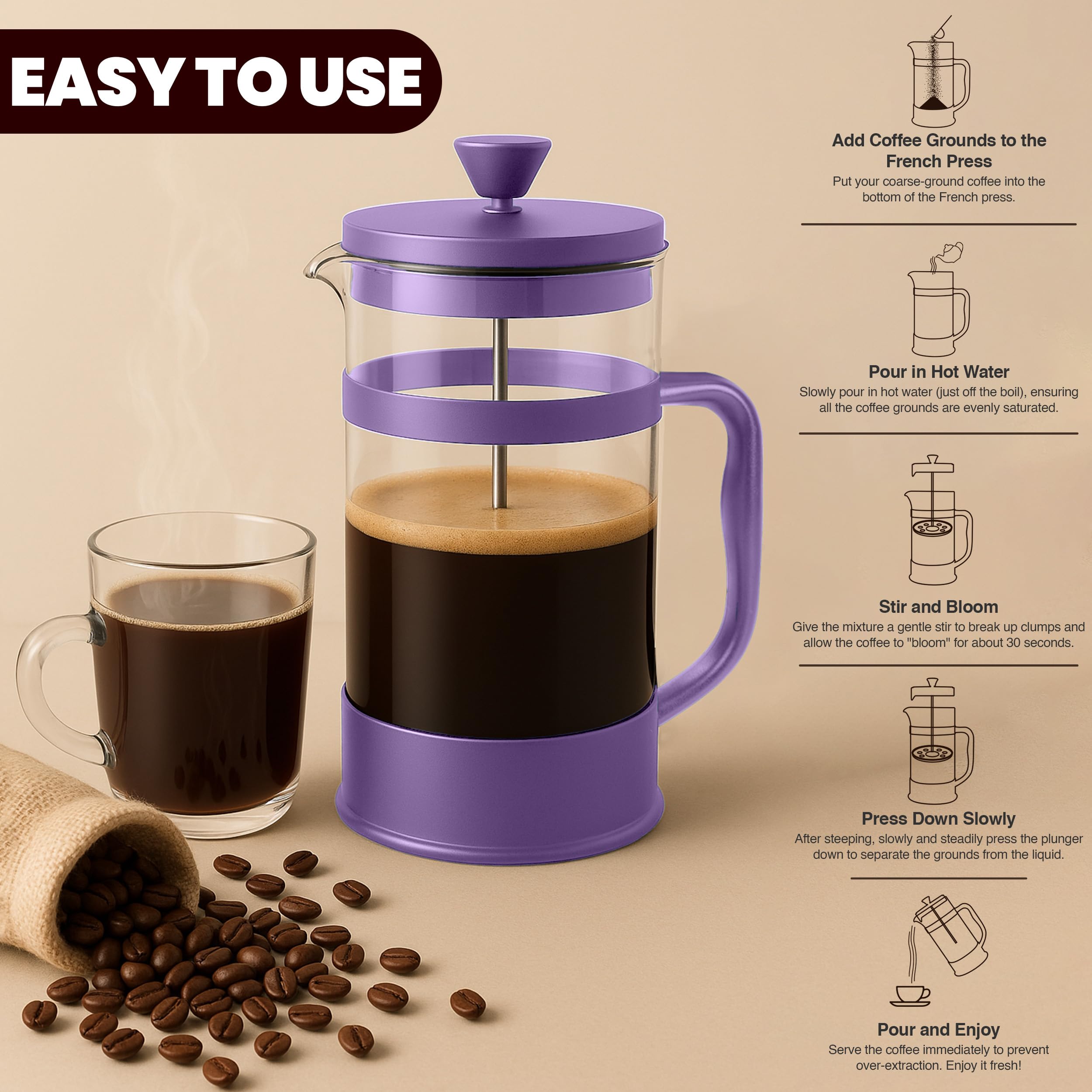 Utopia Kitchen Stainless Steel French Press Coffee Maker - 34 Oz (1 Litre) With 2 Extra Filters, For Coffee, Tea, Cold Brew - Black
