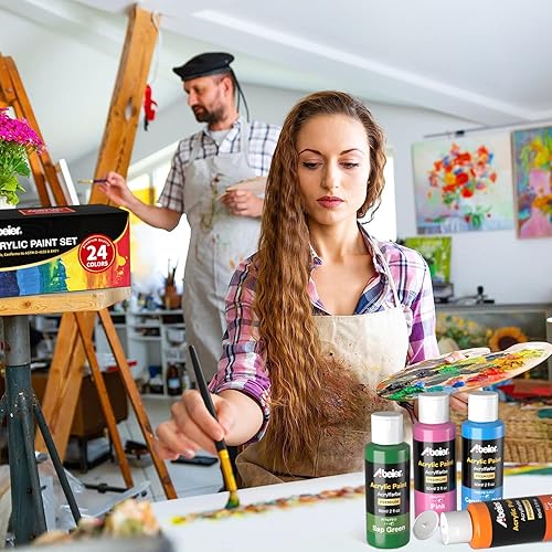 Miniatura 7 de ABEIER Juego de pintura acrílica, 24 colores (2.0 fl oz2 onzas) con 12 pinceles de pintura, no tóxico, impermeable, fuerte cobertura para niños,