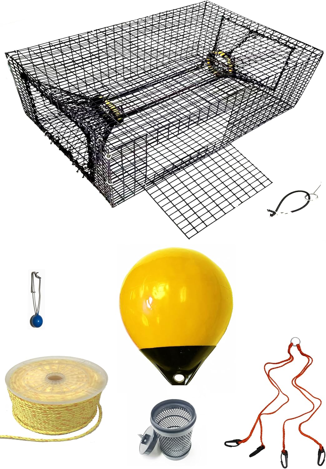 KUFA Sports Vinyl Coated Metal Mesh Prawn Trap (Mesh Size:1" x1/2") with 400' Rope, Yellow Float, Bait Bag & Harness Combo