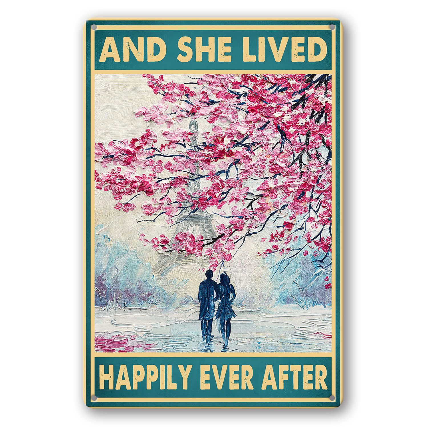LOVEJIA And She Lived Happily Ever After Sign Metal Tin Signs, Vintage Lovers Walking Under Flower Tree Art Poster Plaque Home Living Room Wall Decor Bedroom Farmhouse Funny Decoration 8x12 Inch