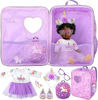 Wettarn 18 Inch Doll Carrier Set with Clothes and Accessories Including Doll Travel Bag, Doll Dress, Doll Shoes, Doll Sunglasses, Doll Backpack and Toy Unicorn for Unicorn Girl Birthday Gift, Purple