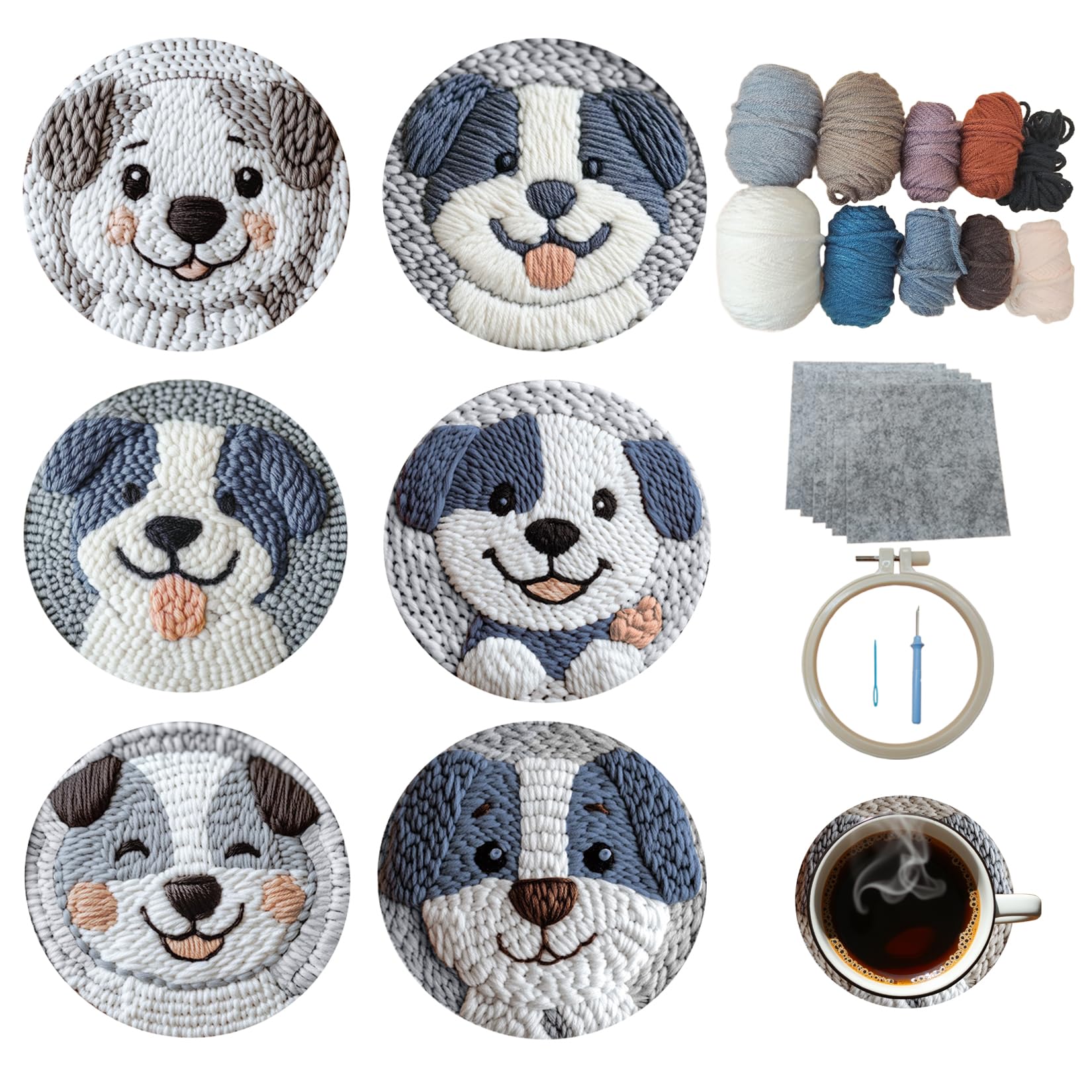 Xinpinzhou 6pcs Dog Complete Punch Needle Coaster Kit for Adults Beginners