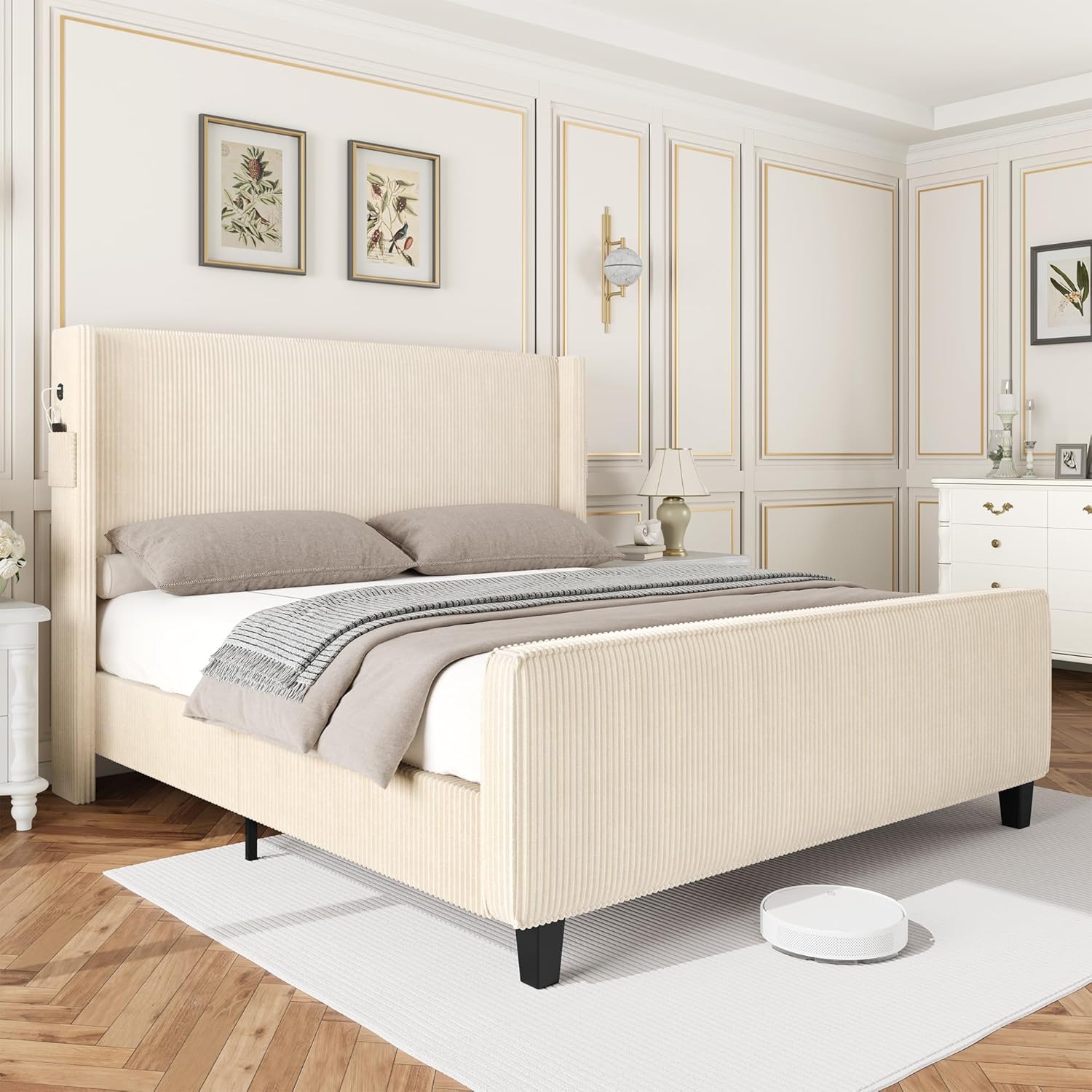 Corduroy Upholstered Bed, Queen Size Platform Bed Frame with USB Charging Station, Wingback Headboard & Footboard, No Box Spring Needed/Noise Free/Solid Wood Slats/Beige