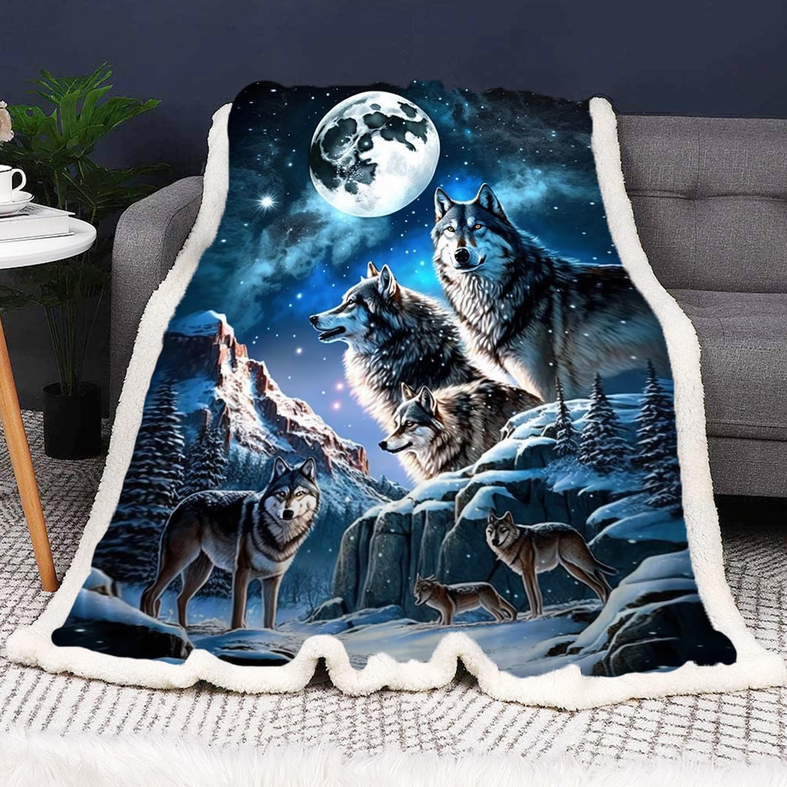 SMchwbc Wolf Fleece Blanket - 150 x 200 cm Cuddly Children's 3D Print Forest Wild Animal Wolf Fluffy Sofa & Couch Blanket (130 x 150 cm)
