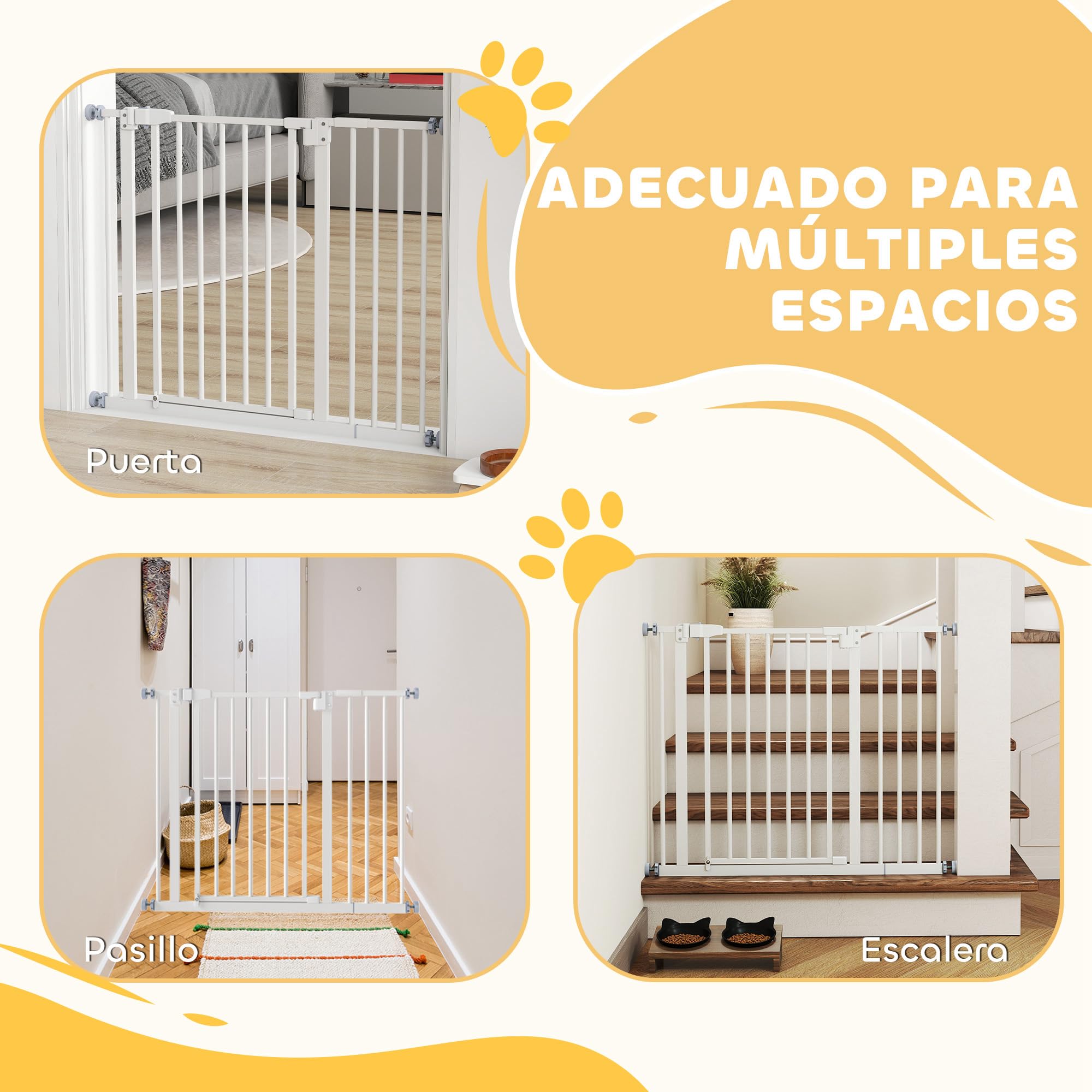 Pawhut - Barrera de Seguridad metálica para Puertas y escaleras con extensión de 17,5 cm, Sistema de Cierre automático 74,5-84,5 x 76,2 cm, Color Blanco