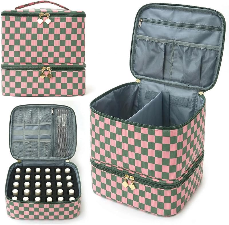 Estojo organizador de esmaltes JQWYGB com padrão xadrez e 2 camadas para até 30 frascos