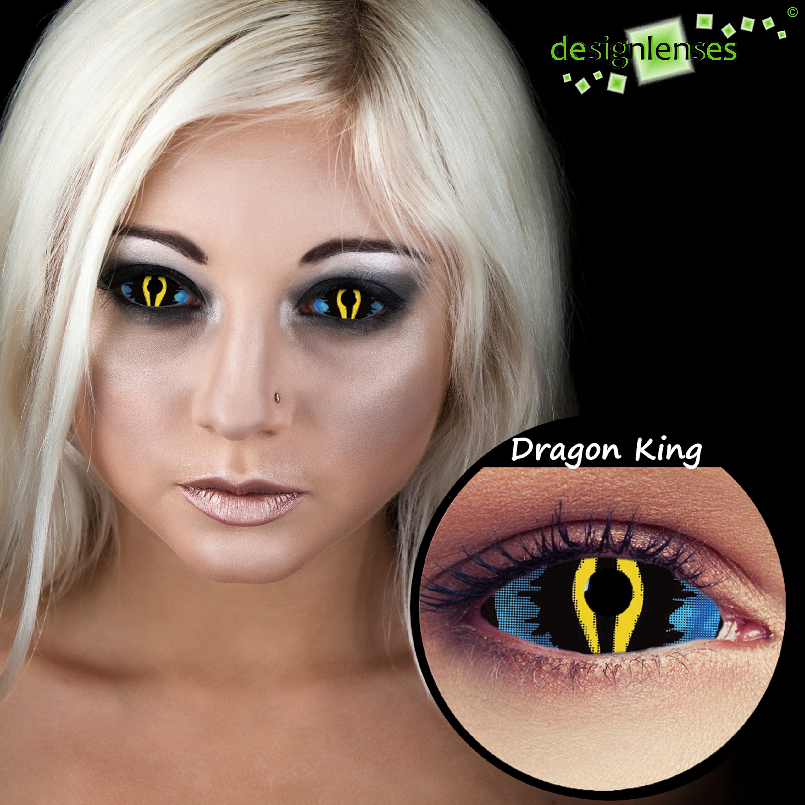 Dos lentillas de color azul y amarillo para Halloween o carnevale avatar disfraz, 1 par/2 pzs, 22mm diámetro, sin graduación + caso de lente „Dragon King"