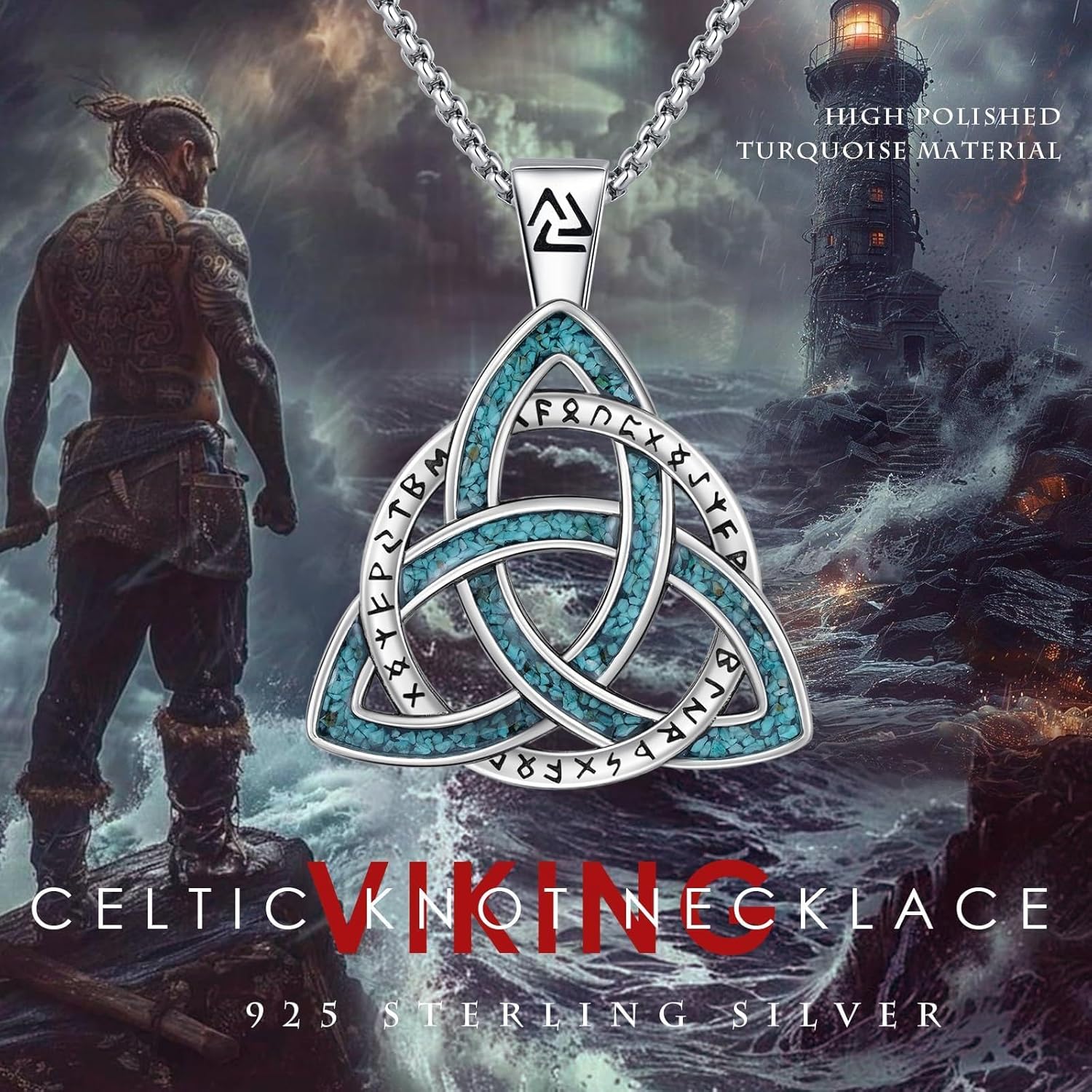 REDSUN Celtic Pendant Necklace for Men Women 925 Sterling Silver Trinity Knot Pendant with Turquoise/Onyx/Abalone Shell Viking Jewelry Gifts for Birthday Christmas Gifts, with Stainless Steel Chain - Image 2