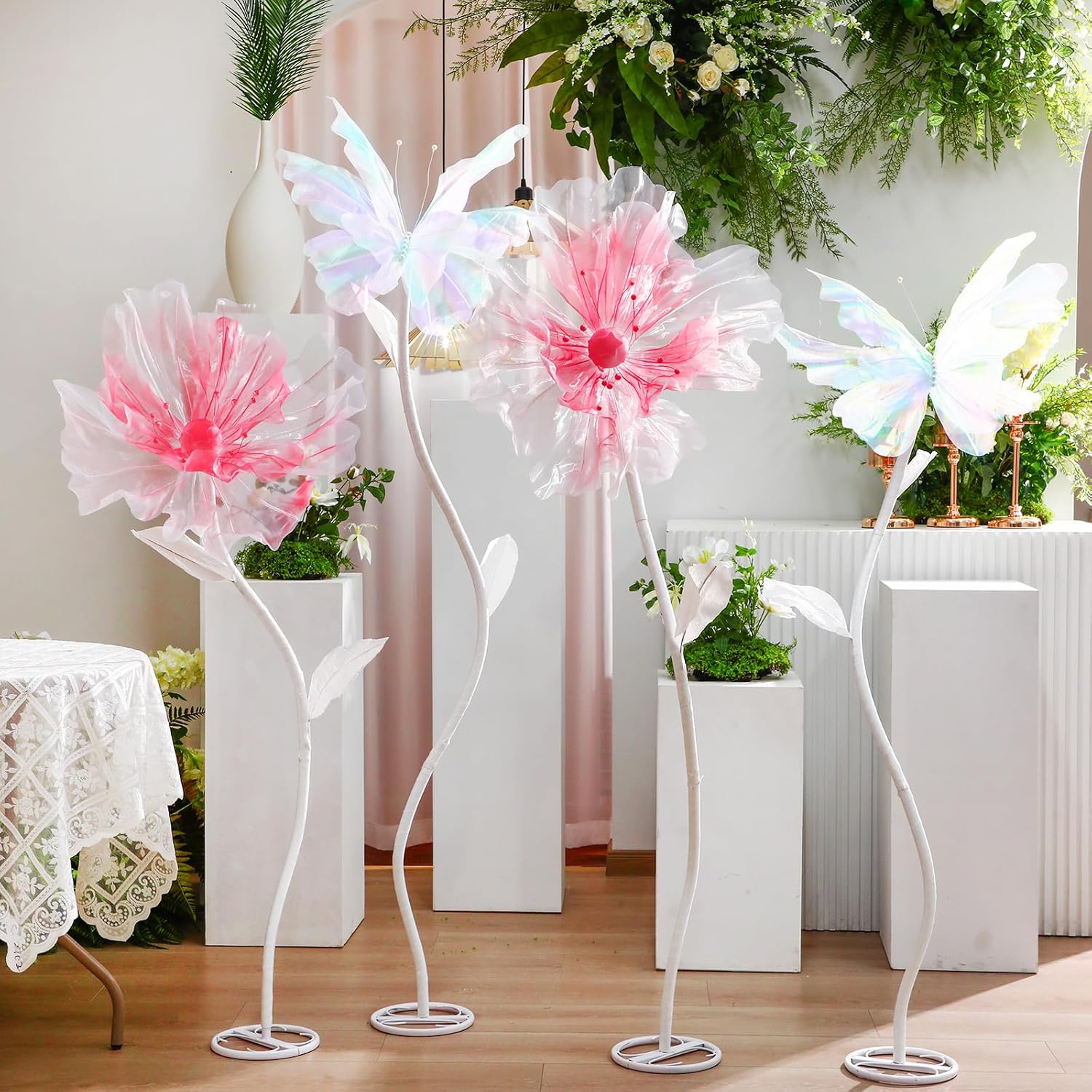 4 Set Wedding Giant Butterfly and Flower Decorations with Standing Base Huge Artificial Gauze Butterfly Flower Backdrop Decorations for Wedding Birthday Bridal Shower(Red and White)