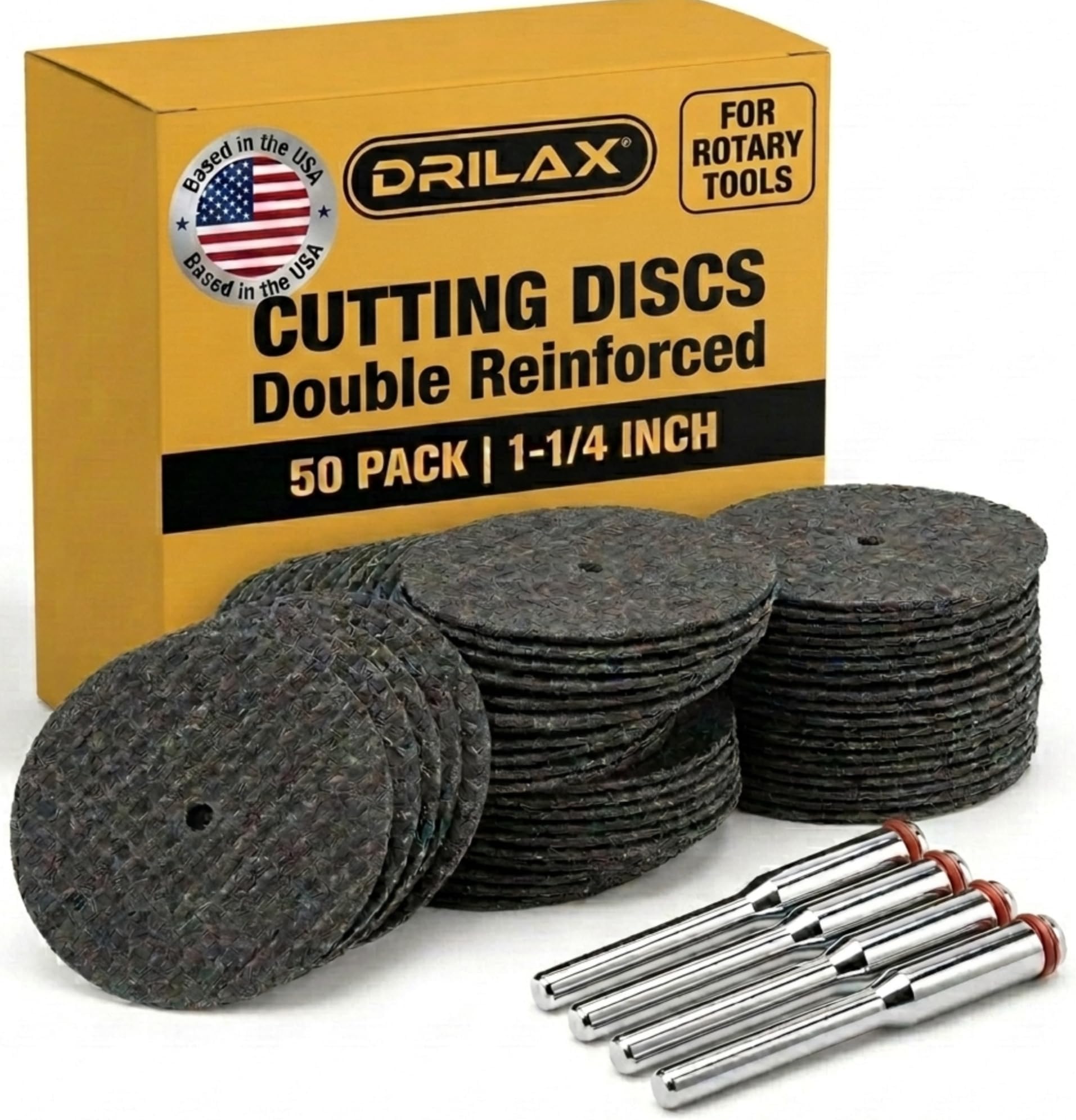 Drilax 50 Pack Rotary Tool Cutting Discs for Metal, Double Reinforced Cut Off Wheels with 4 Mandrels, 1-1/4” for 1/8” Rotary Tools, Compatible with Dremel Cutting Discs 426 426B