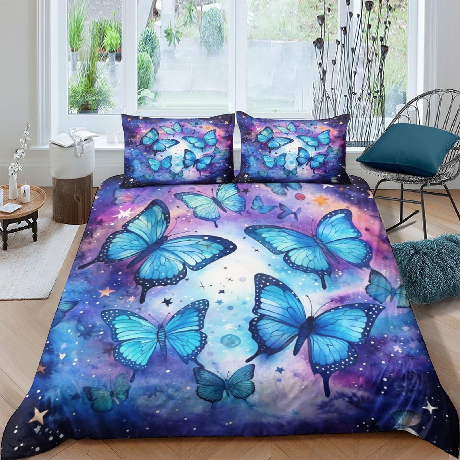 Housse de couette papillon bleu King 220x240 cm avec 2 taies d'oreiller en microfibre parure 3 pcs