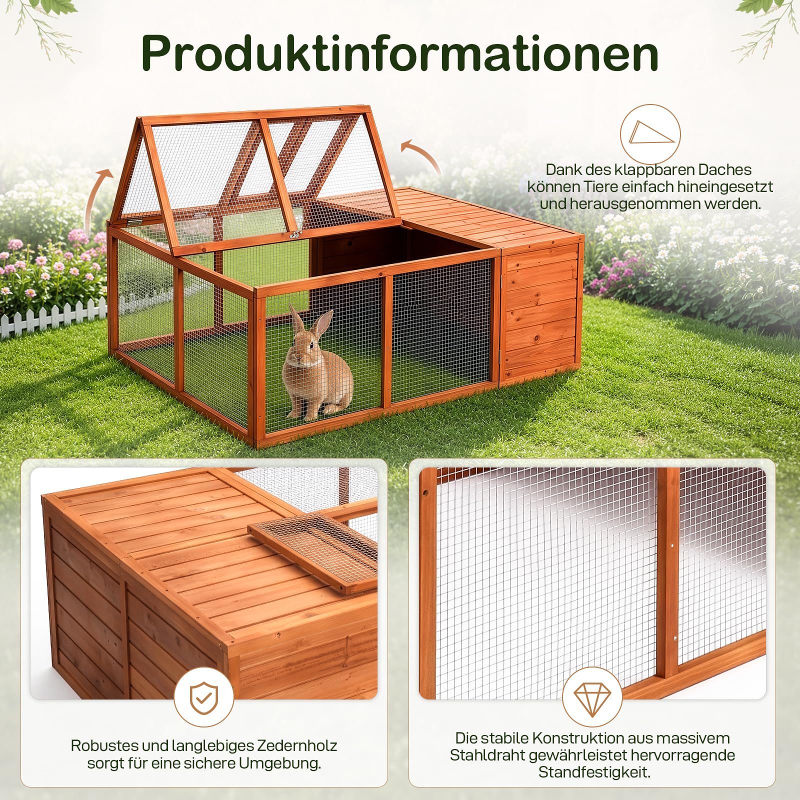kaninchenstall, Das obere Paneel lässt Sich hochklappen, freilaufgehege Geeignet für Kaninchen und Meerschweinchen, hasenstall draußen Winterfest, 150x103x53cm
