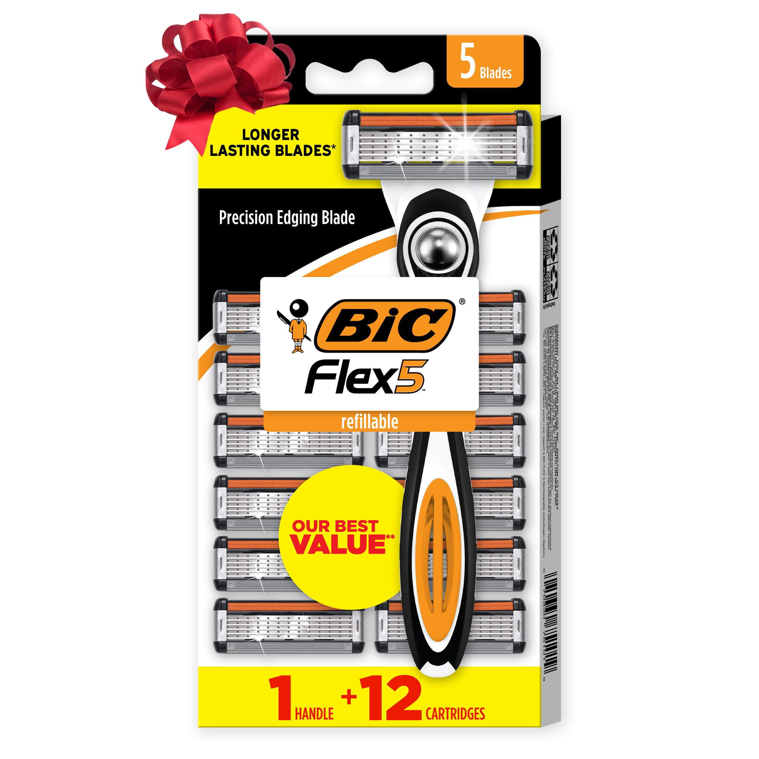 BIC Flex 5 Refillable Mens 5 Blade Razors Holiday Grooming for a Smooth Shave 1 Handle and 12